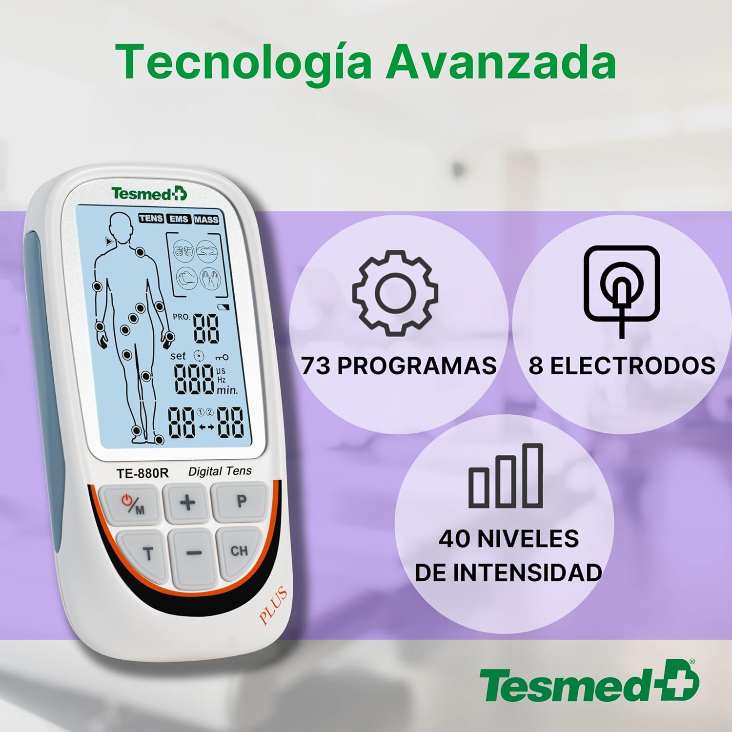 Detalle 1 de TESMED TE-880R Plus electroestimulador 73 programas
