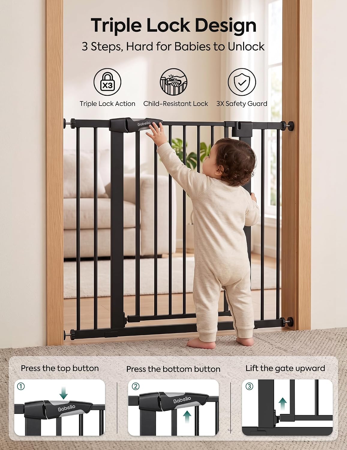 Detalle de Babelio PressGuard CB-M-101 Baby Gate, 30-Inch, Triple-Lock, Auto-Close
