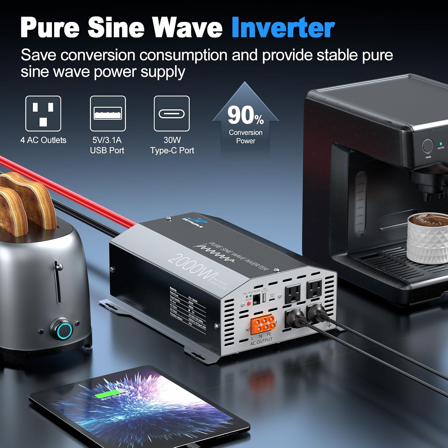 Detalle de ZETAWALE 2000W Pure Sine Wave Inverter (12V DC to 110/120V AC) with LCD Remote, USB & Type-C, 4 AC Outlets