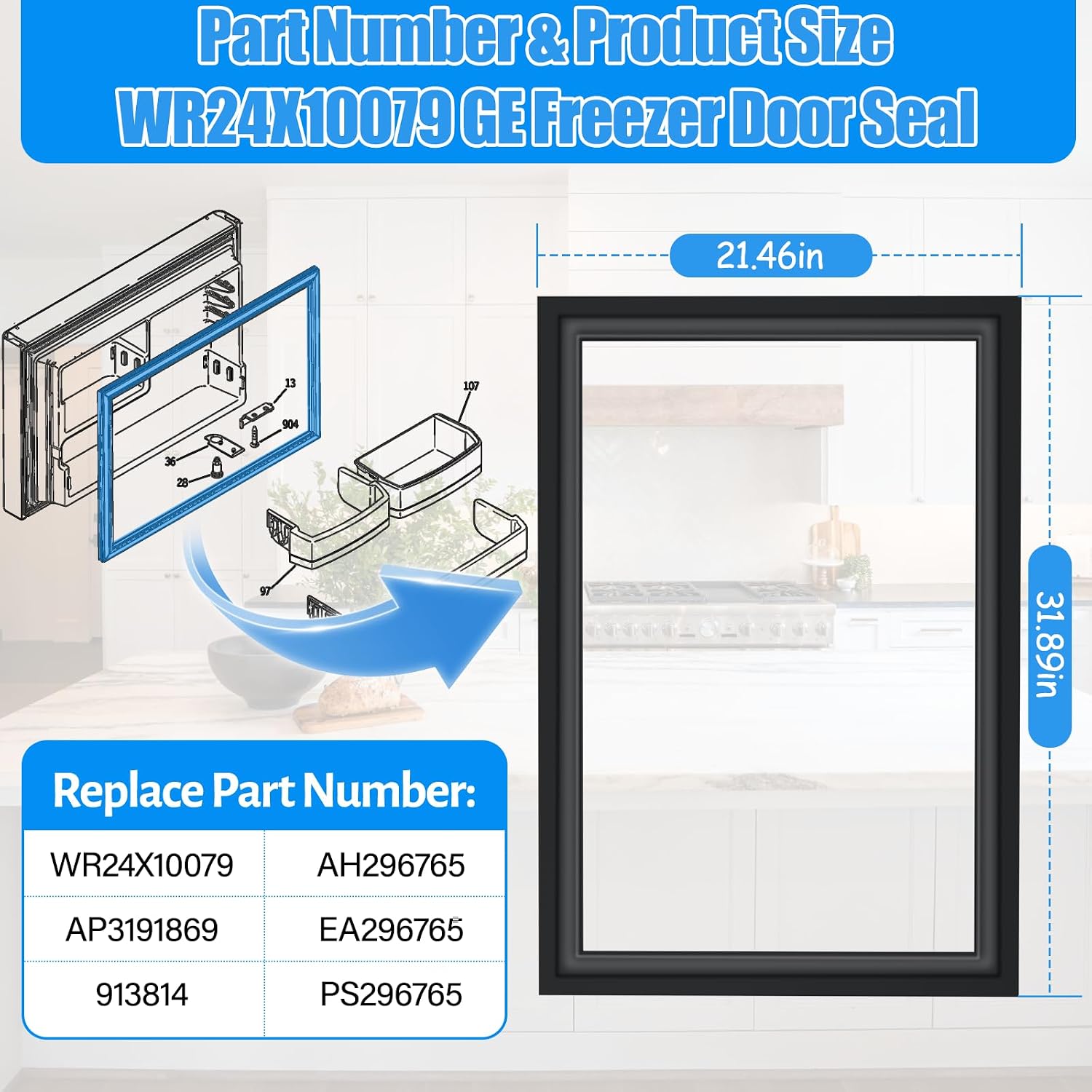 Detalle de WR24X10079 Freezer Door Gasket for Compatible GE Refrigerators, Black PVC