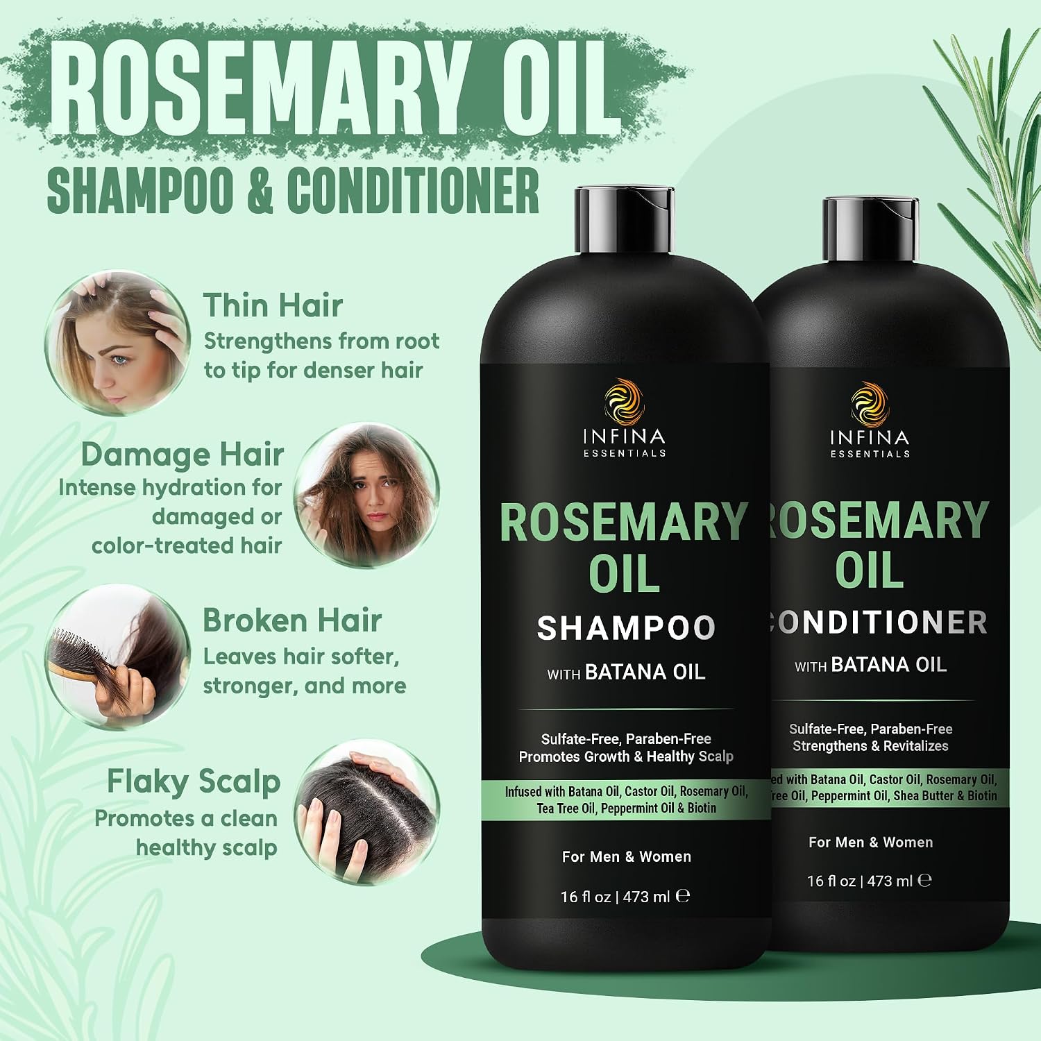 Thumbnail 1 de INFINA ESSENTIALS Rosemary Oil Shampoo & Conditioner Set with Batana Oil & Biotin (Sulfate-Free Thickening)