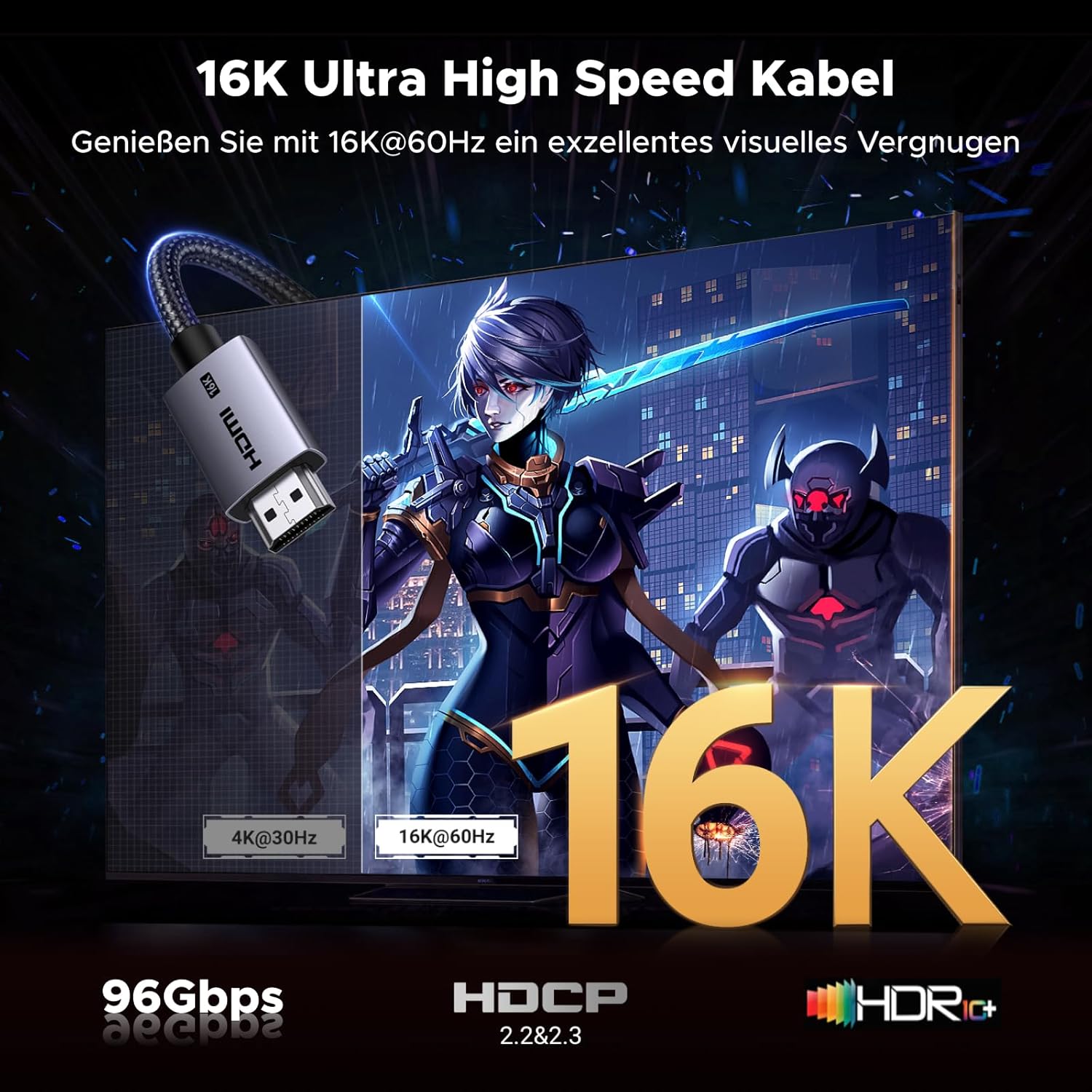 Thumbnail 1 de UGREEN HDMI 2.2 Kabel 16K60Hz | 96 Gbit/s, eARC, VRR, HDR10+ – kompatibel mit PC, PS5, Xbox Series X/S