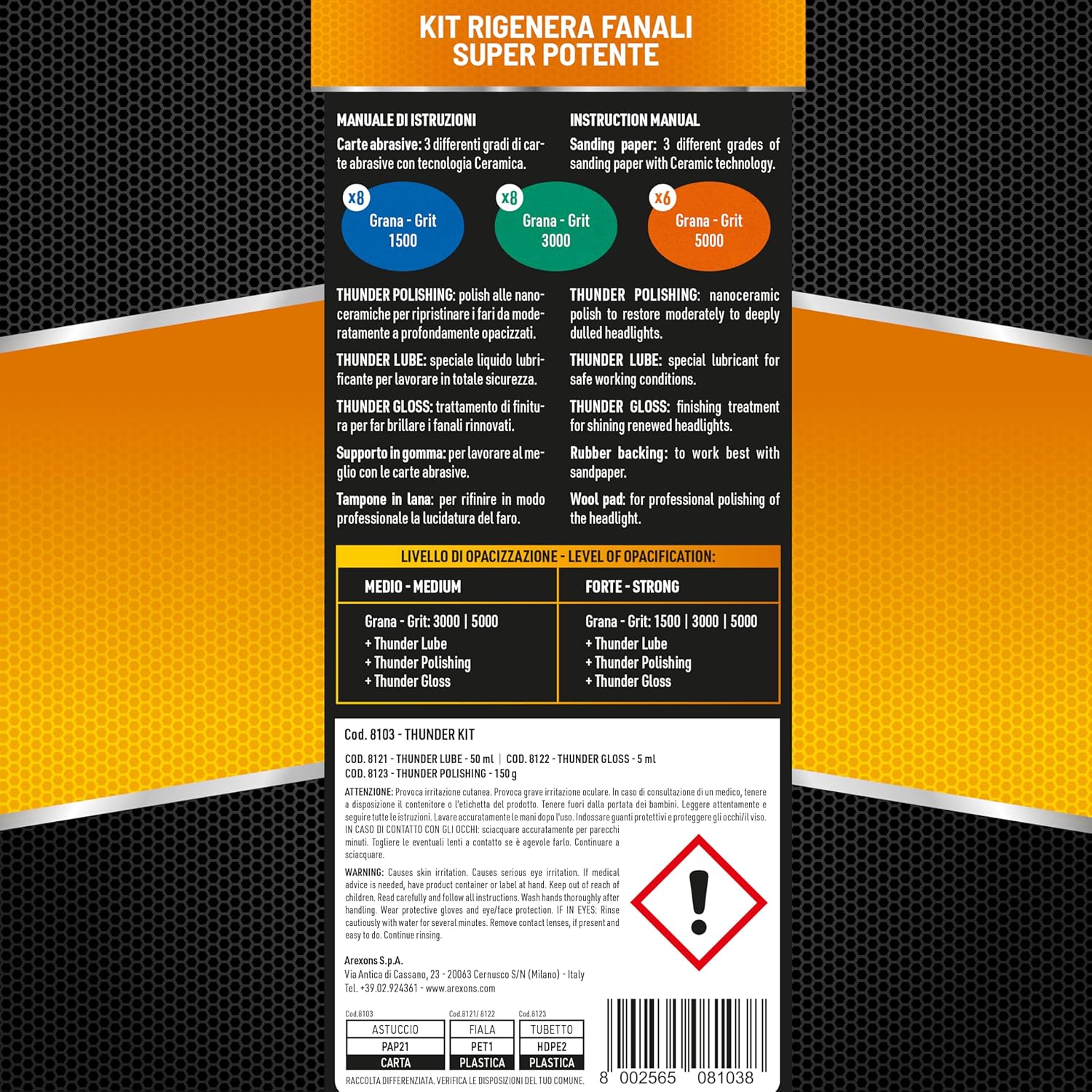 Detalle de Arexons Car Care Pro THUNDER - Kit Ultra Lucidante per Fari: lucidatura professionale con ceramica