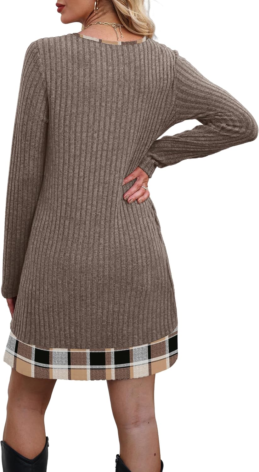 Thumbnail 4 de OFEEFAN Long Sleeve Color-Block Sweater Dress with Ribbed Knit and Side Pockets