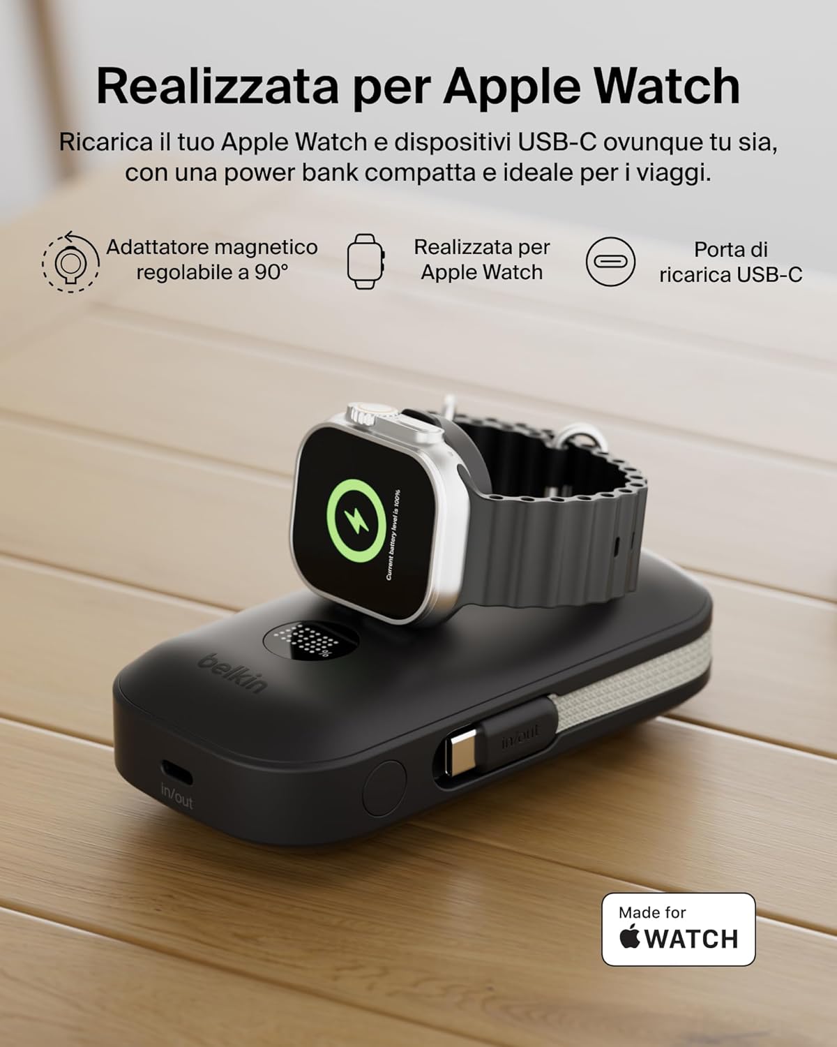 Detalle de Belkin BoostCharge Pro Power Bank 10000mAh: ricarica rapida per 3 dispositivi e supporto Apple Watch