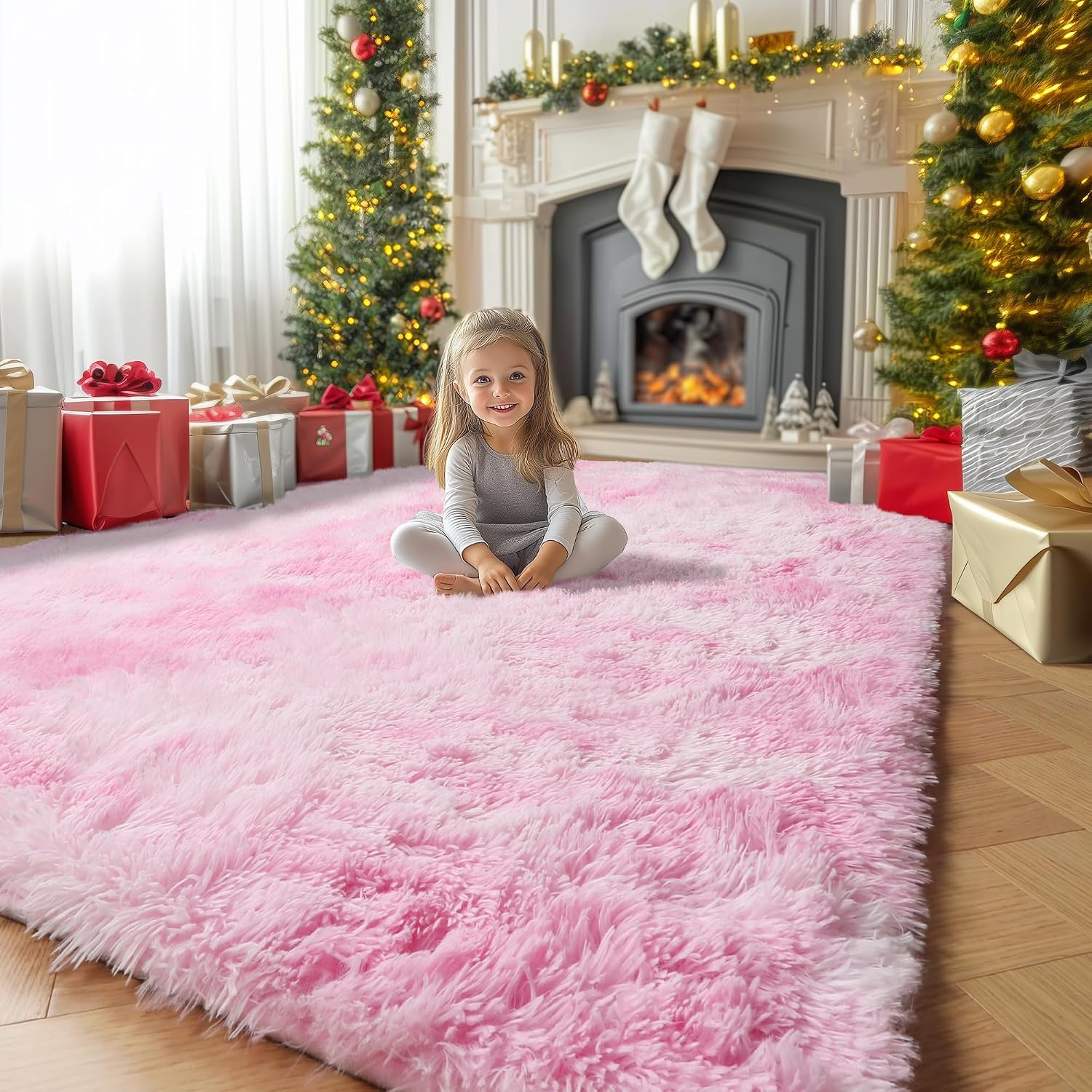 Thumbnail 6 de Amdrebio Pink Area Rugs 4' x 6' Pink-and-White Microfiber Shag Rug