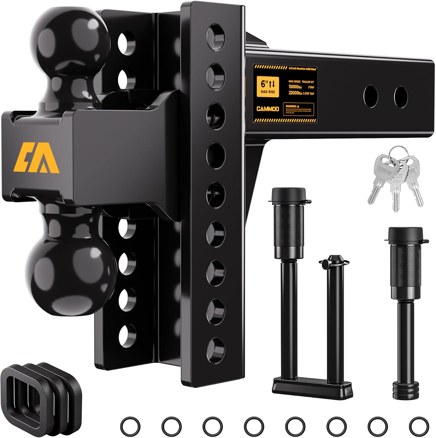 Detalle de CAMMOO Adjustable Trailer Hitch for 2.5-inch Receiver, 6-inch Rise/Drop, Dual Ball Mount (2" & 2-5/16"), 22,000 lbs GTW