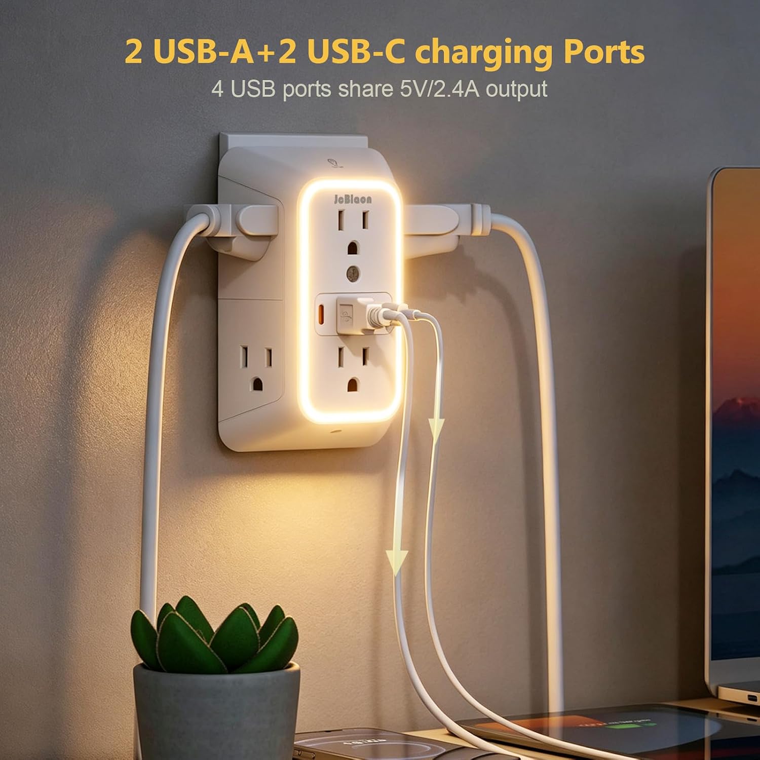 Thumbnail 5 de Wall Outlet Extender with Night Light: 6 Outlets, 2 USB-A, 2 USB-C, 1050J Surge Protection