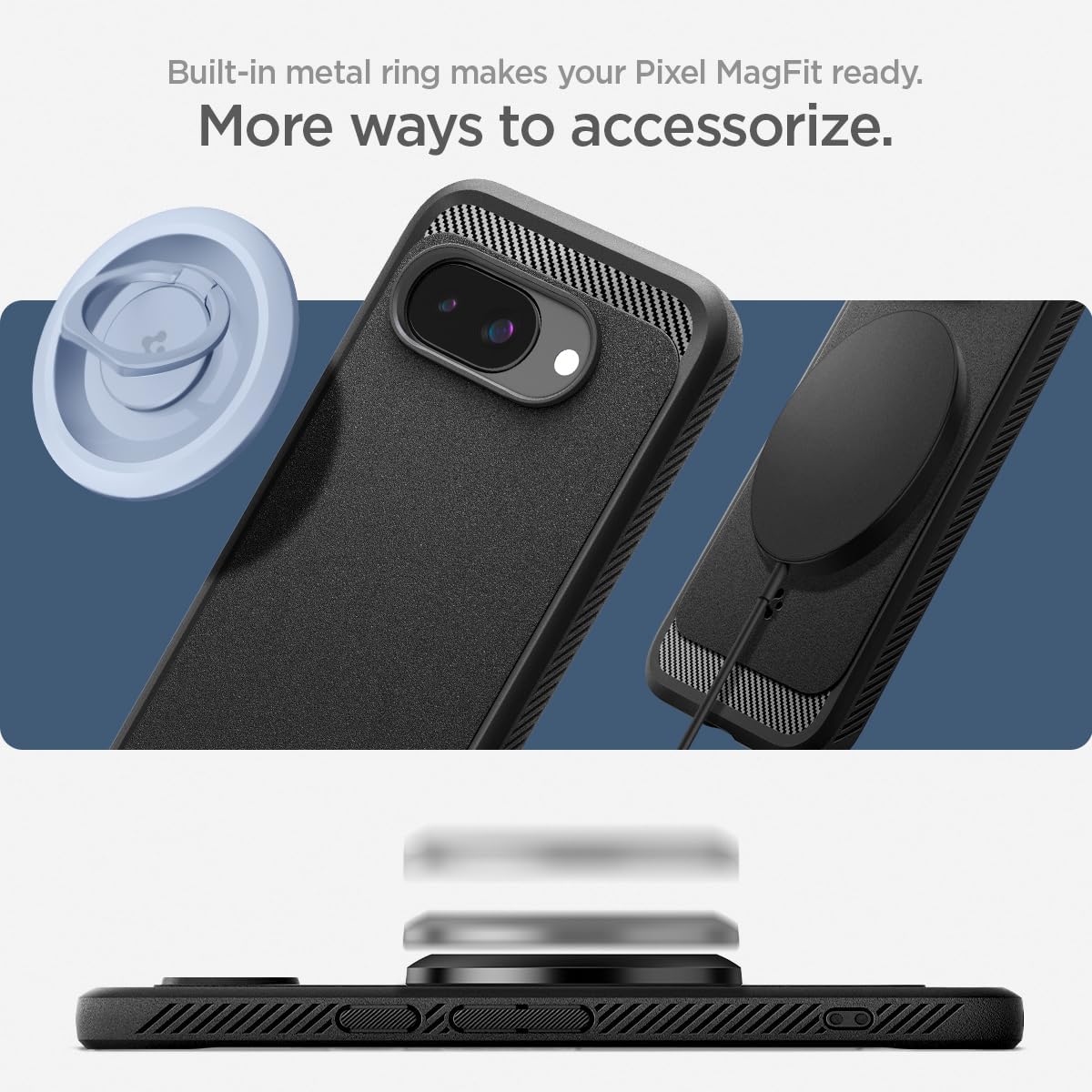 Detalle de Spigen Rugged Armor MagFit per Pixel 9a – cover con magneti integrati, nero opaco