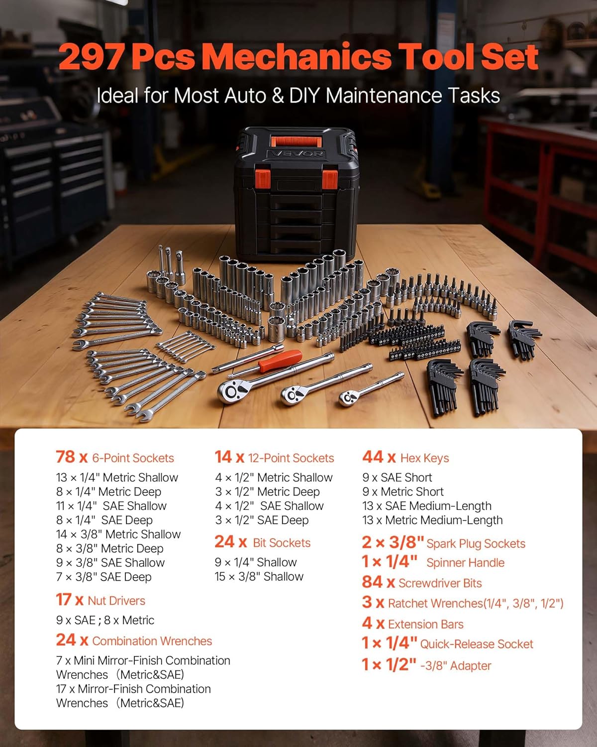 Detalle de VEVOR Mechanics Tool Set, 297-Piece Kit with 1/4", 3/8", and 1/2" Drives