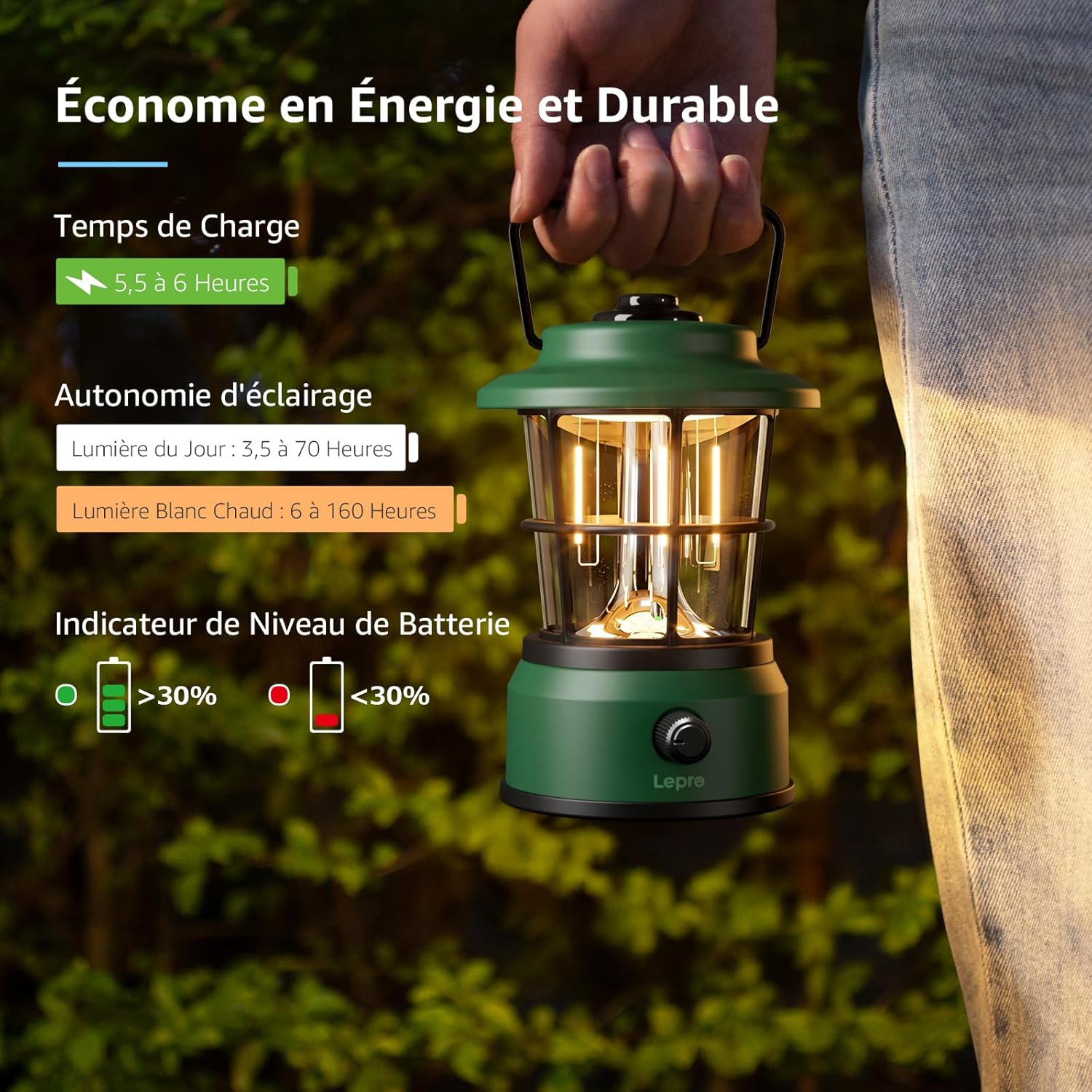 Thumbnail 1 de Lepro Lampe de camping rechargeable rechargeable à batterie externe 3600 mAh – 4 modes, intensité variable