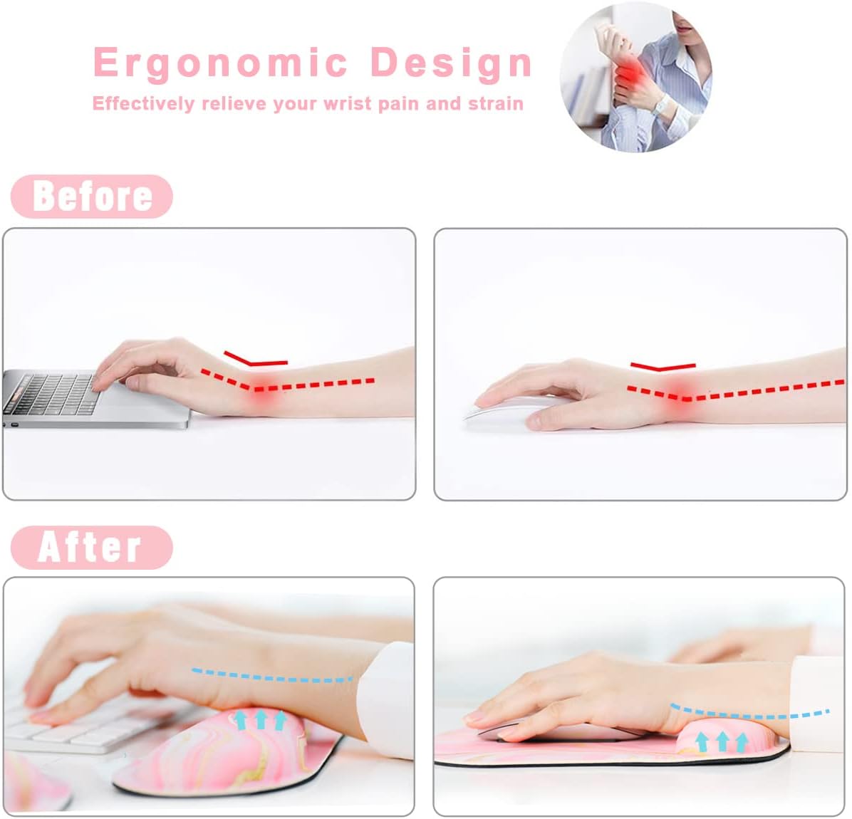 Detalle 2 de Yunoble SDB2-FSD Ergonomic Keyboard Wrist Rest and Mouse Pad Set, Pink Fluid