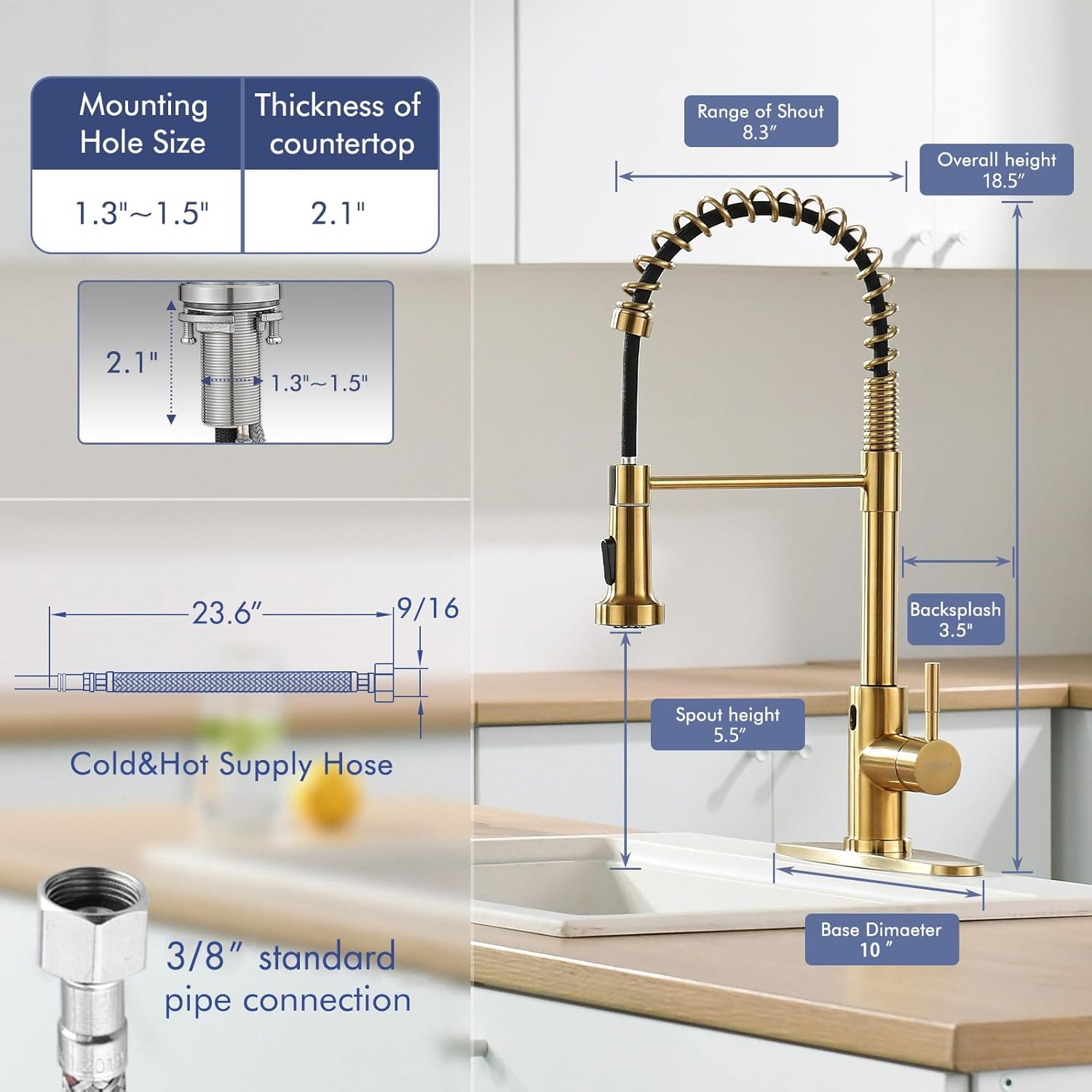 Thumbnail 2 de GIMILI GM2016 Gold Touchless Kitchen Faucet with Dual-Function Pull-Down Sprayer