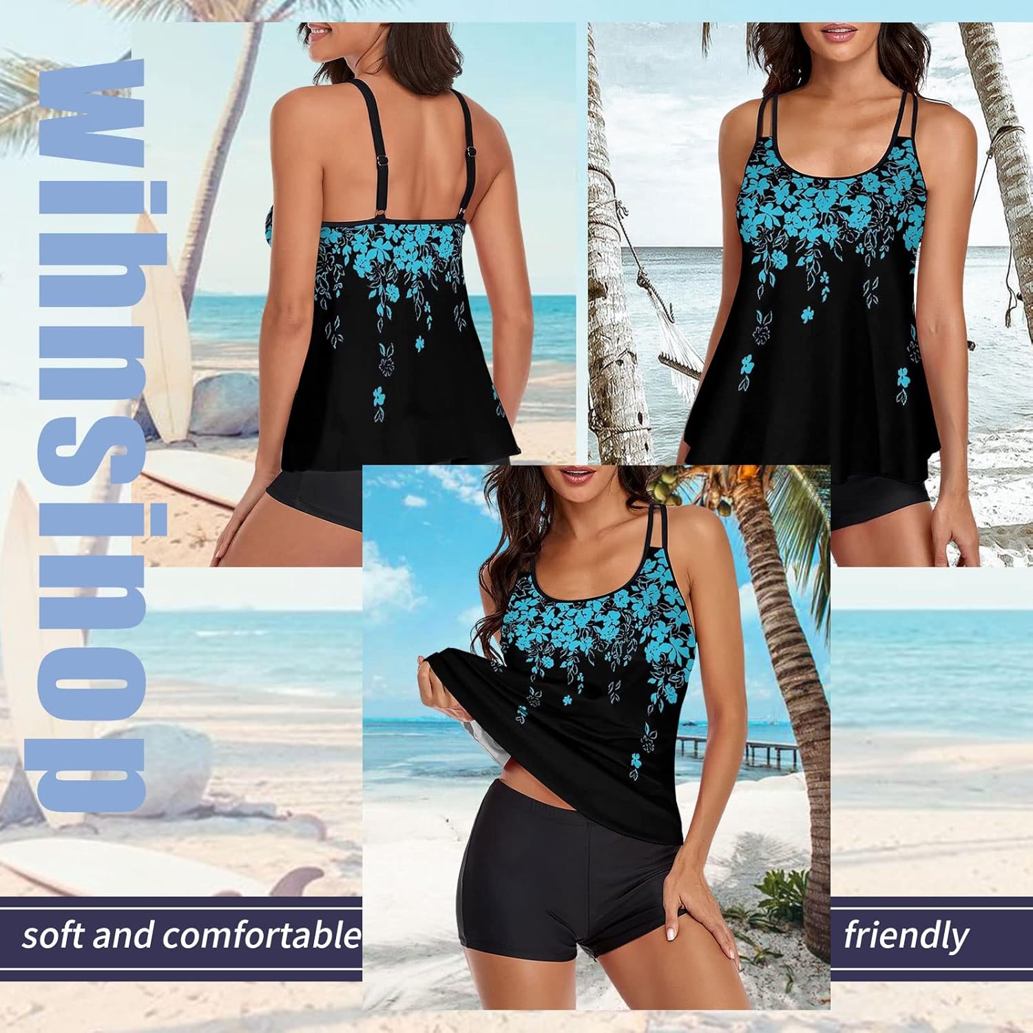 Detalle de wihnsinop Tankini Damen Bauchweg Bademode Set – Zweiteiliger Badeanzug mit verstellbaren Trägern und integrierter BH-Unterstützung