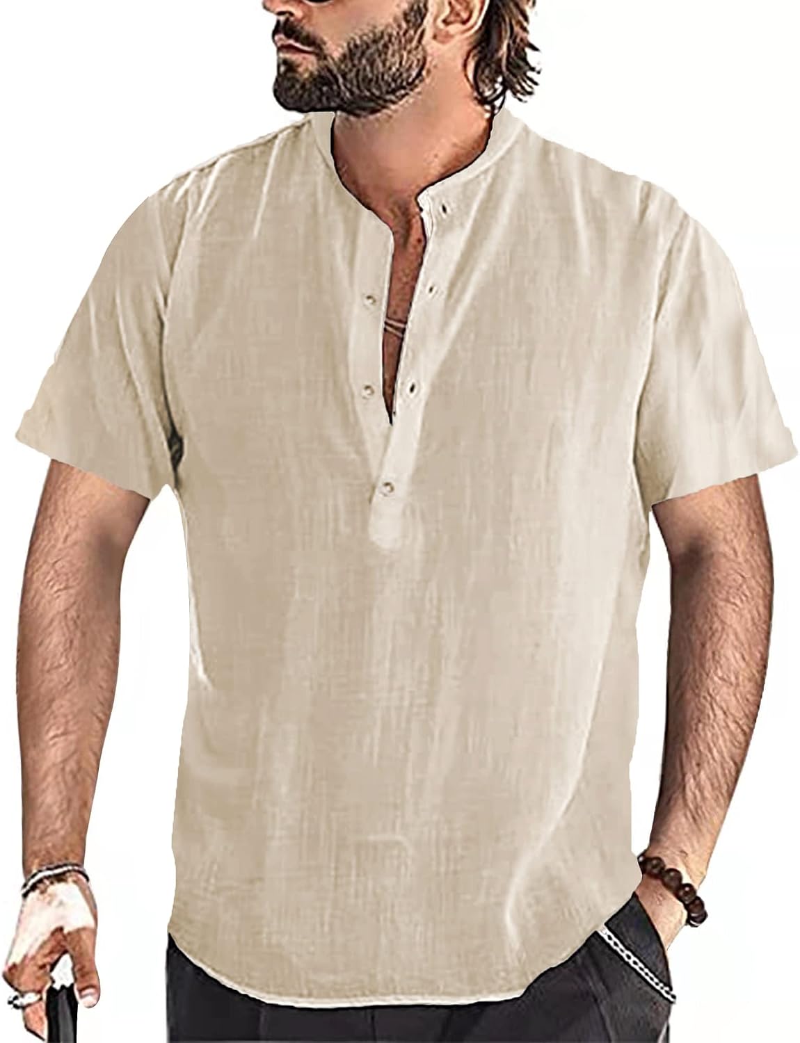 Thumbnail 6 de YAOBAOLE Chemise Lin Homme Manches Courtes – Henley estival en coton-lin