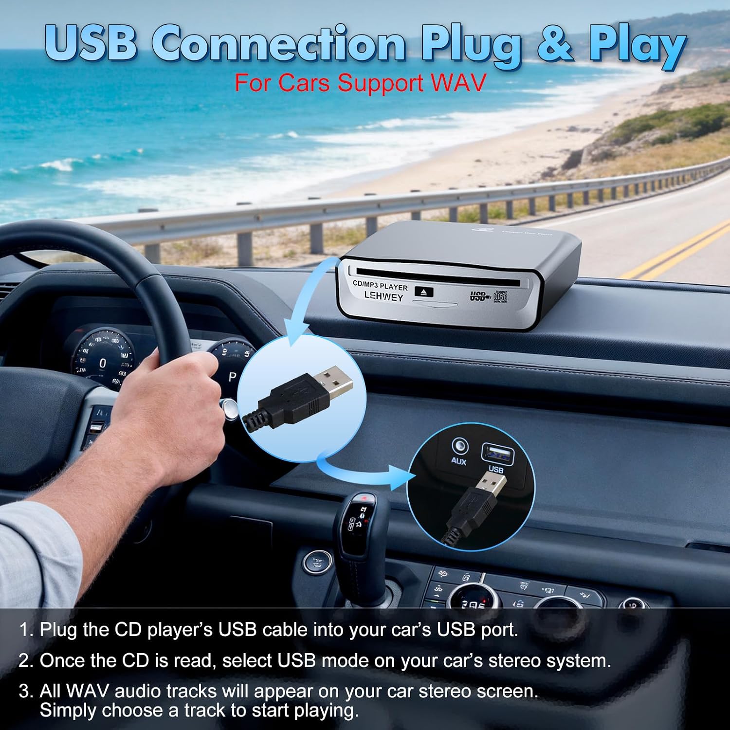 Detalle de Lehwey SX-2800A USB CD Player for Cars with AUX, FM and Anti-Skip