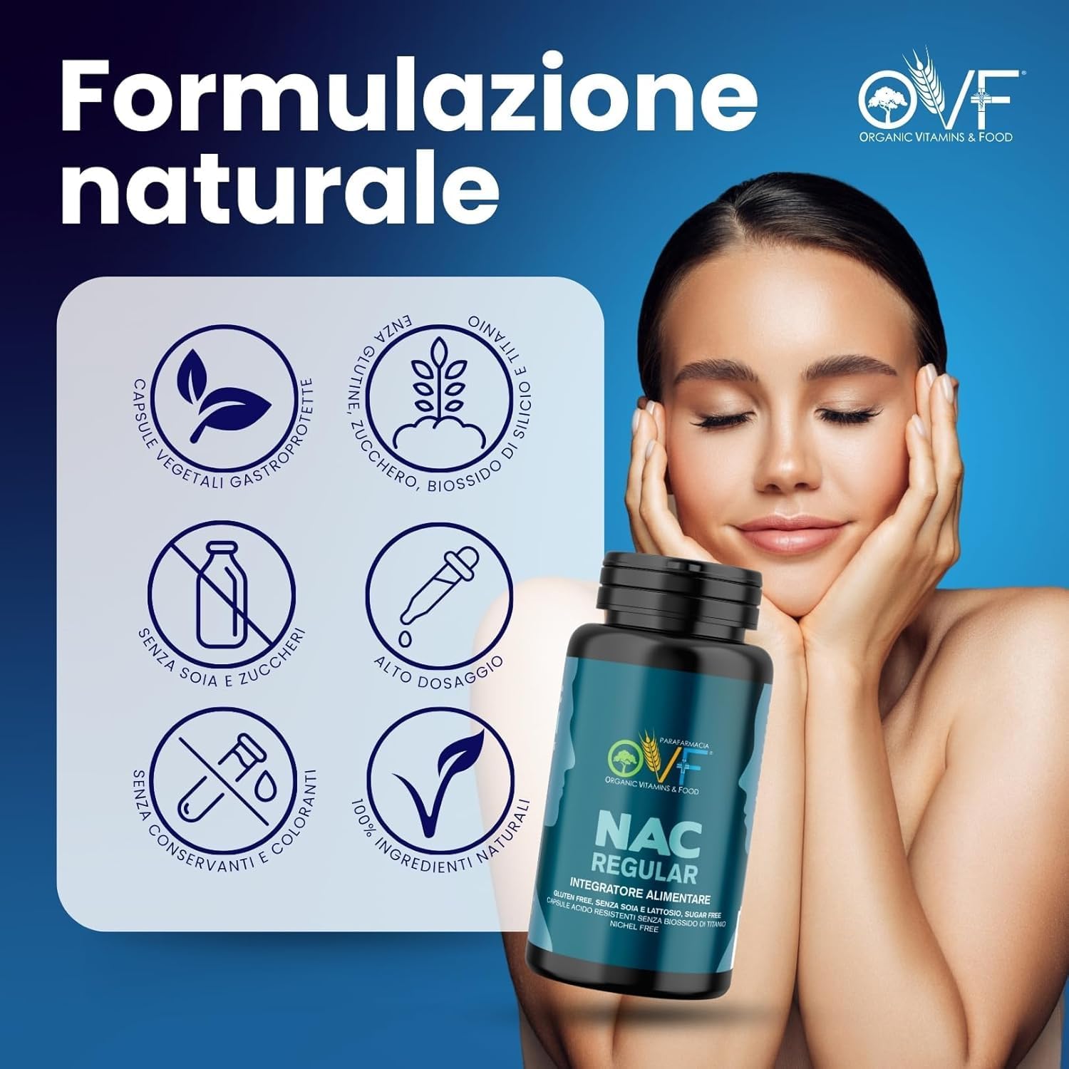 Detalle 2 de OVF NAC 600 mg - N-acetilcisteina 60 capsule, 2 mesi di fornitura, senza glutine e senza lattosio