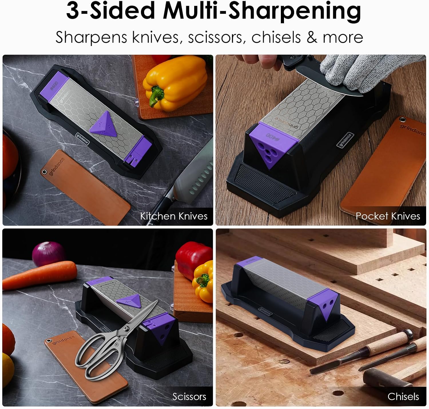 Thumbnail 2 de Grindance 3-Sided Diamond Sharpening Stone, 400/1000/8000 Grit with Angle Guide