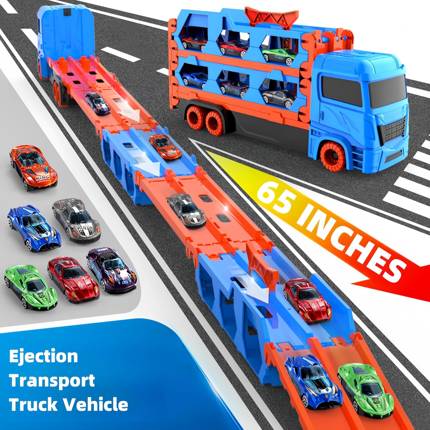 Thumbnail 1 de Bearbao 65-Zoll Rennstrecke mit Transport-LKW und 6 Mini Metallautos – Spielzeug für Jungen (3–6 Jahre)