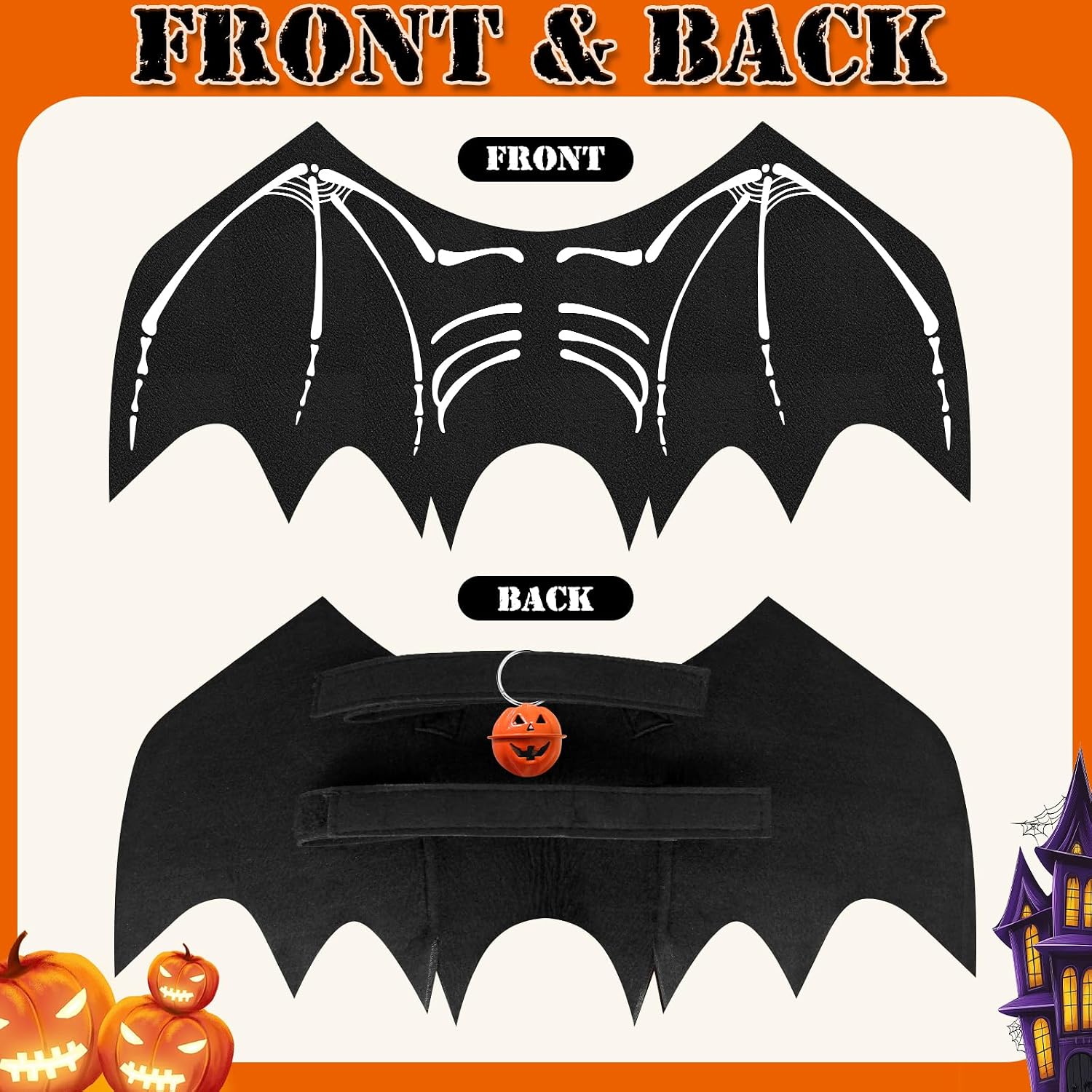 Detalle 1 de OLANRUN OL-Halloween-Dog Small Dog Bat Costume with Skeleton Print and Pumpkin Bell