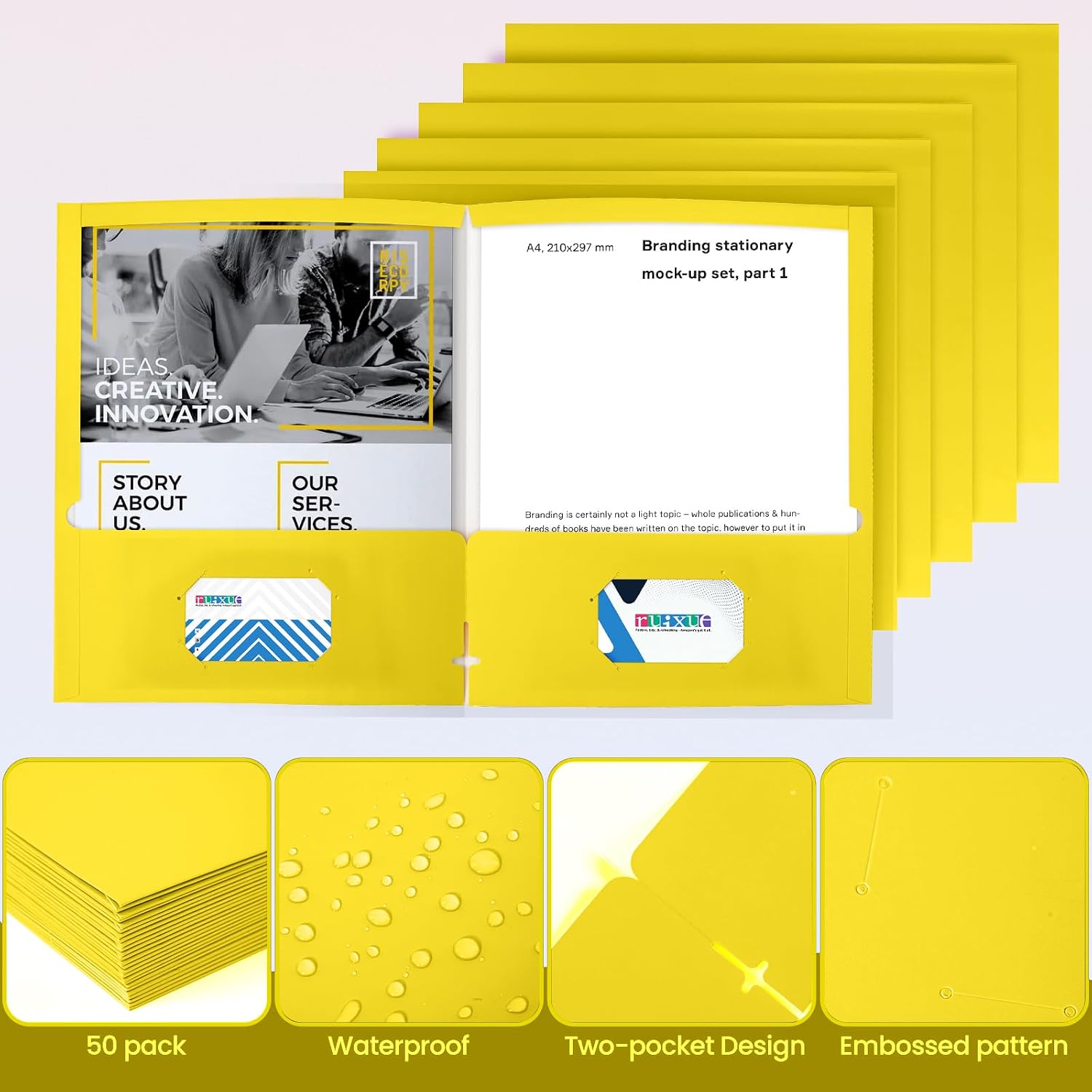 Thumbnail 3 de BIBRADAA WJJ25N-5 Yellow File Folders, 50-Pack, Two Pockets, Waterproof Surface