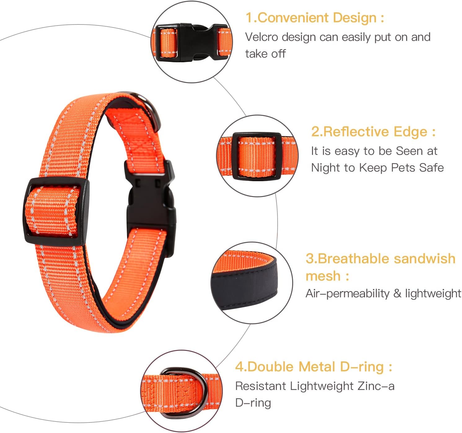 Thumbnail 4 de HEELE reflective dog collar with soft neoprene padding (Orange, size L 40–66cm)