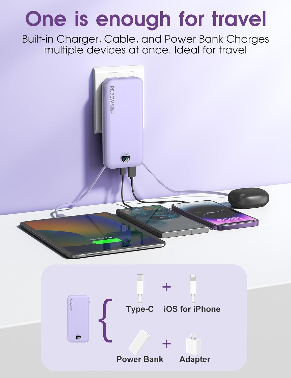 Thumbnail 3 de citicr AC-02D 10,000mAh Portable Charger with Built-In Cables and Wall Plug