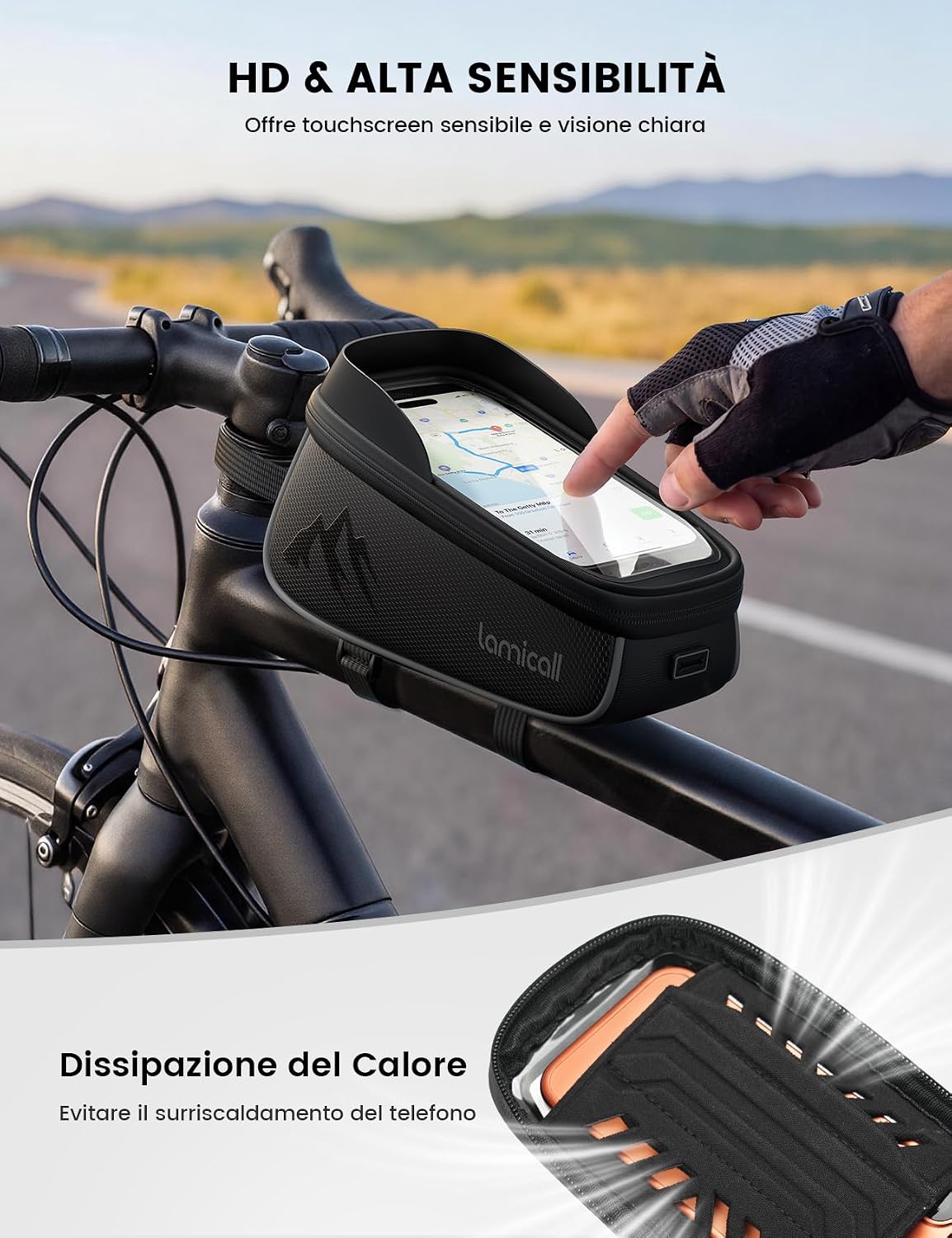Detalle de Lamicall Borsa Telaio Bici Impermeabile 1,6 L: custodia con touch screen e copertura anti-pioggia per smartphone fino a 7