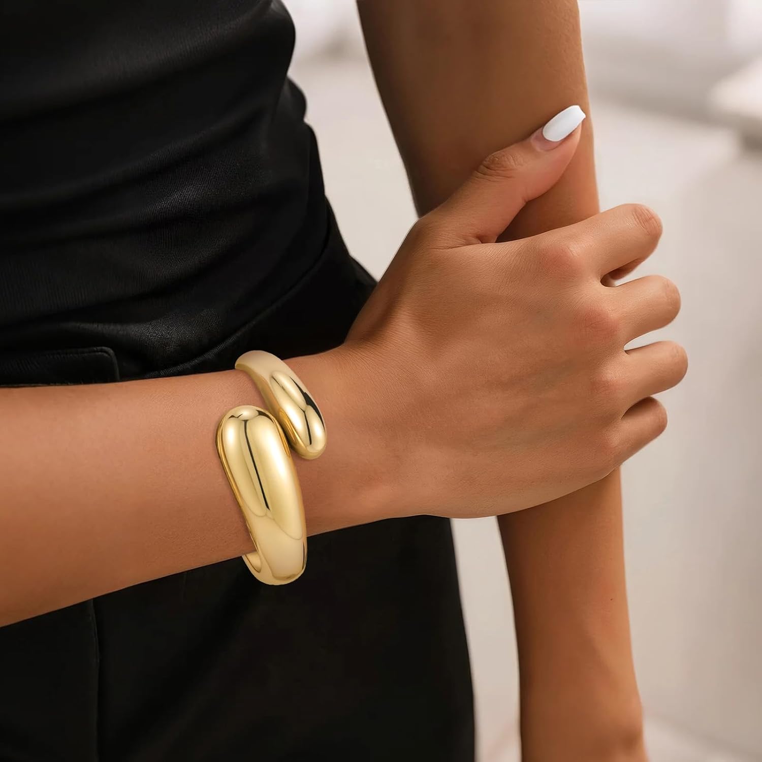 Thumbnail 2 de Yowivon Gold Bangles Bracelet for Women – irregular chunky teardrop wave hinged open cuff