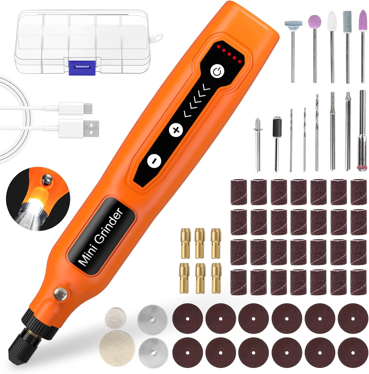 Cordless Mini Rotary Tool Set (64Pcs) with 5 Speeds, 3.7V USB Rechargeable LED – Orange