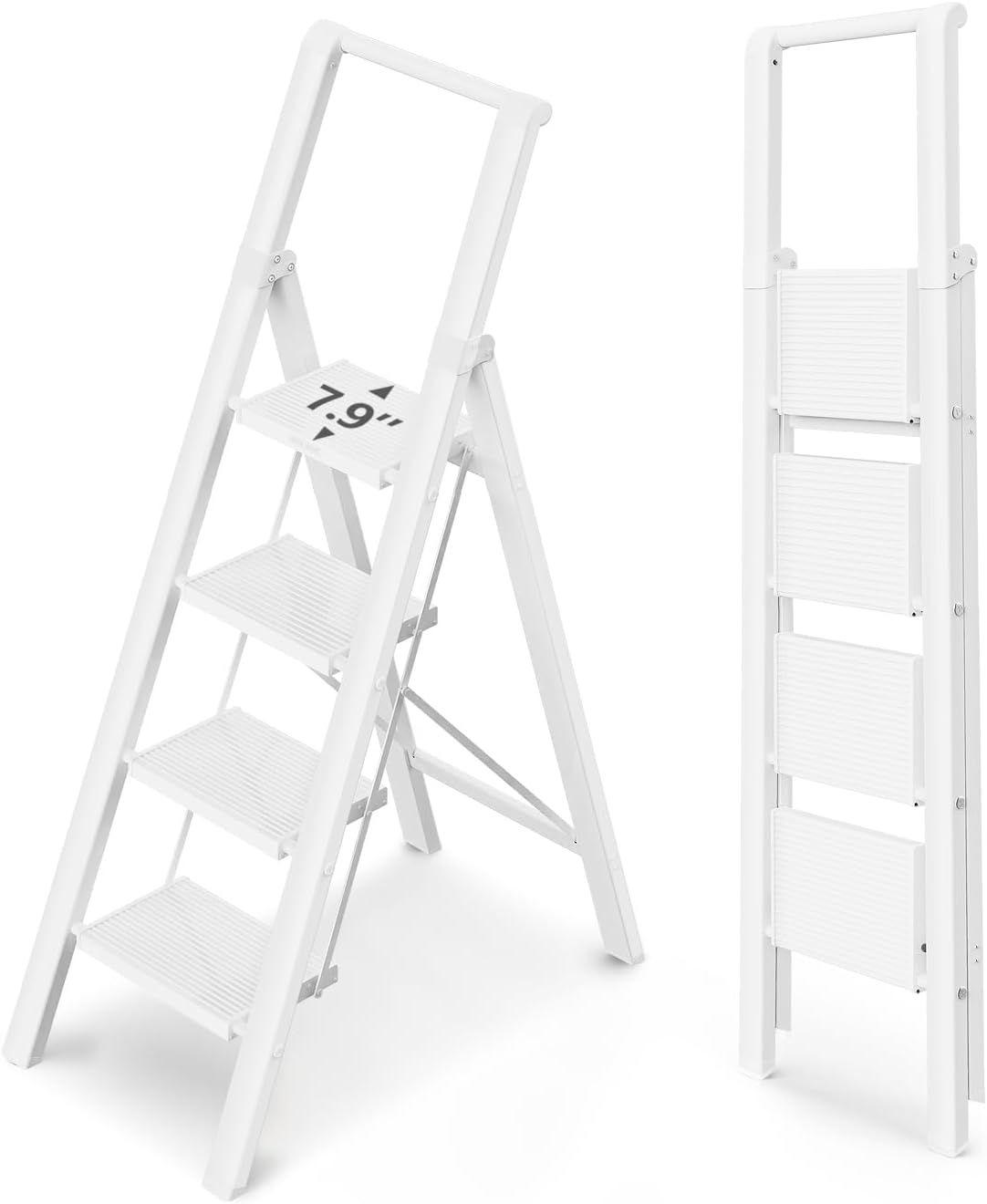 Detalle de WOA WOA 4-Step Ladder, White, with 7.87-Inch Steps and Handrail