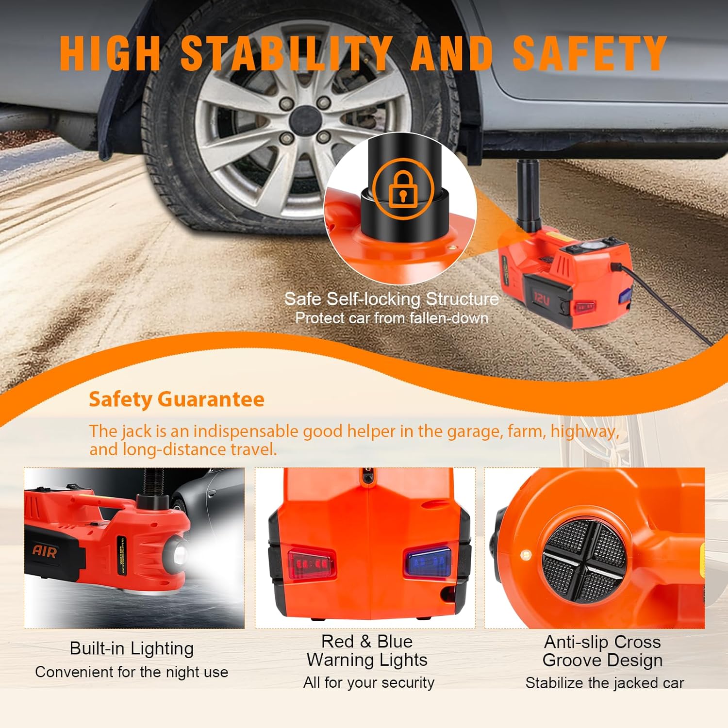 Detalle de Auto Cric idraulico 5T 12V: kit 4 in 1 con pompa e luci LED per emergenze