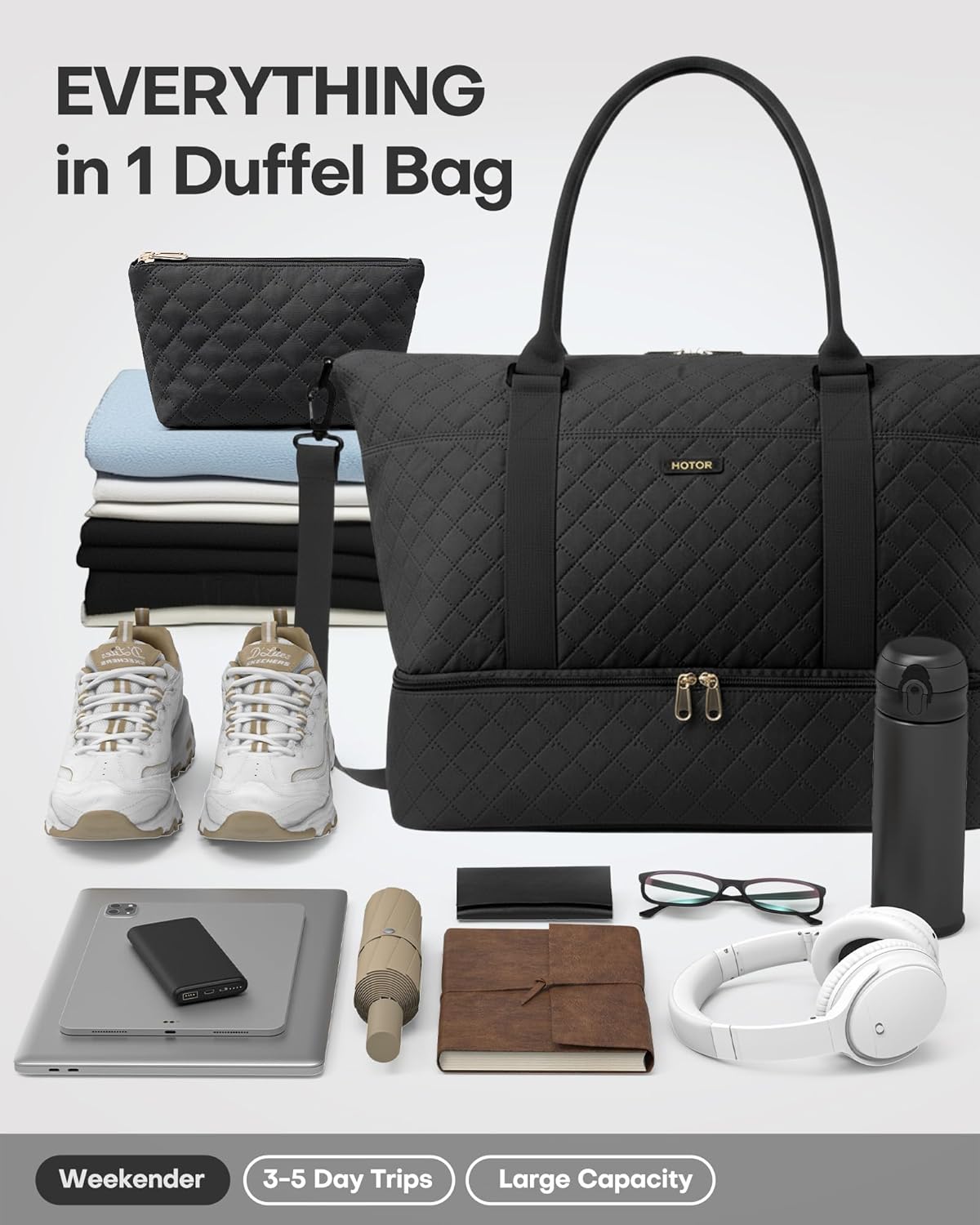 Thumbnail 3 de HOTOR women’s lightweight travel holdall with shoe compartment and toiletry bag, black (34 x 45 x 20 cm)