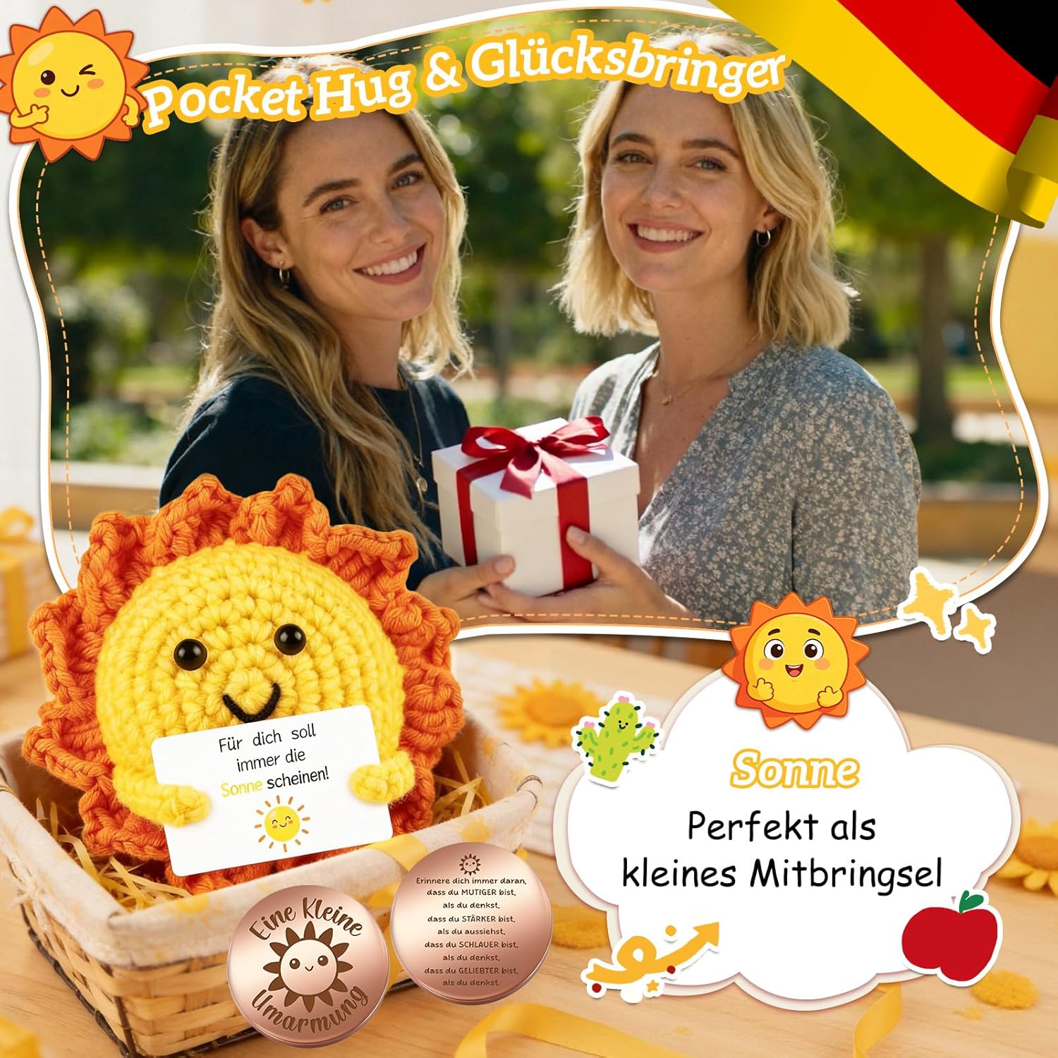 Detalle de Giftota Pocket Hug Sonne – handgehäkeltes Glücksbringer-Set mit Münze und Motivationsbotschaft