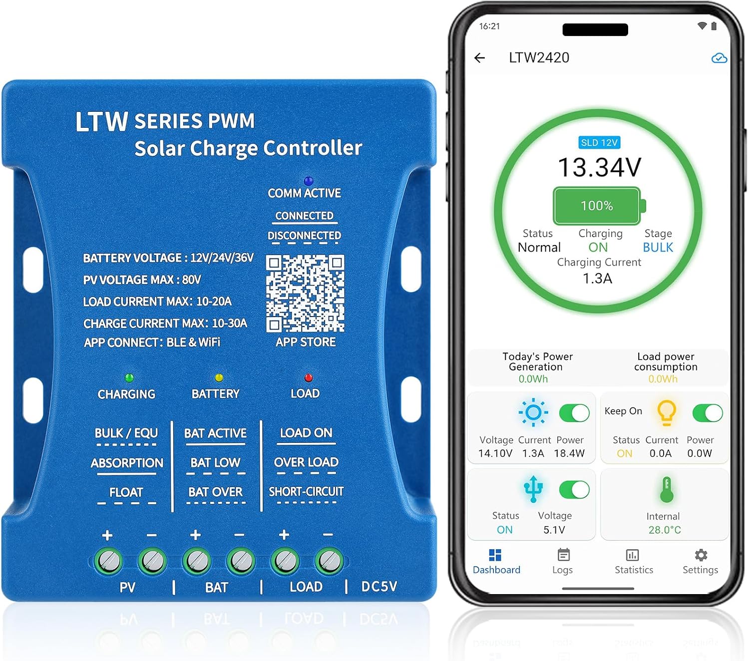 Detalle de KWODE KWO-20A WIFI zonnelaadregelaar 20A met Bluetooth, wifi en PWM