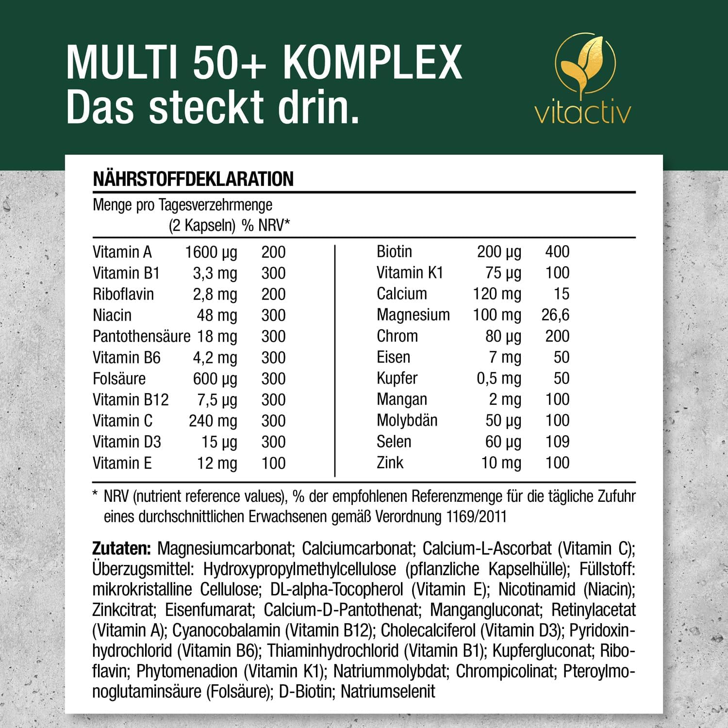 Thumbnail 6 de Vitactiv MULTI 50 plus – Multivitamin-Komplex für Menschen ab 50 mit B-, C-, D-, E-, K-Vitaminen, Magnesium, Calcium & Zink (60 Kapseln)