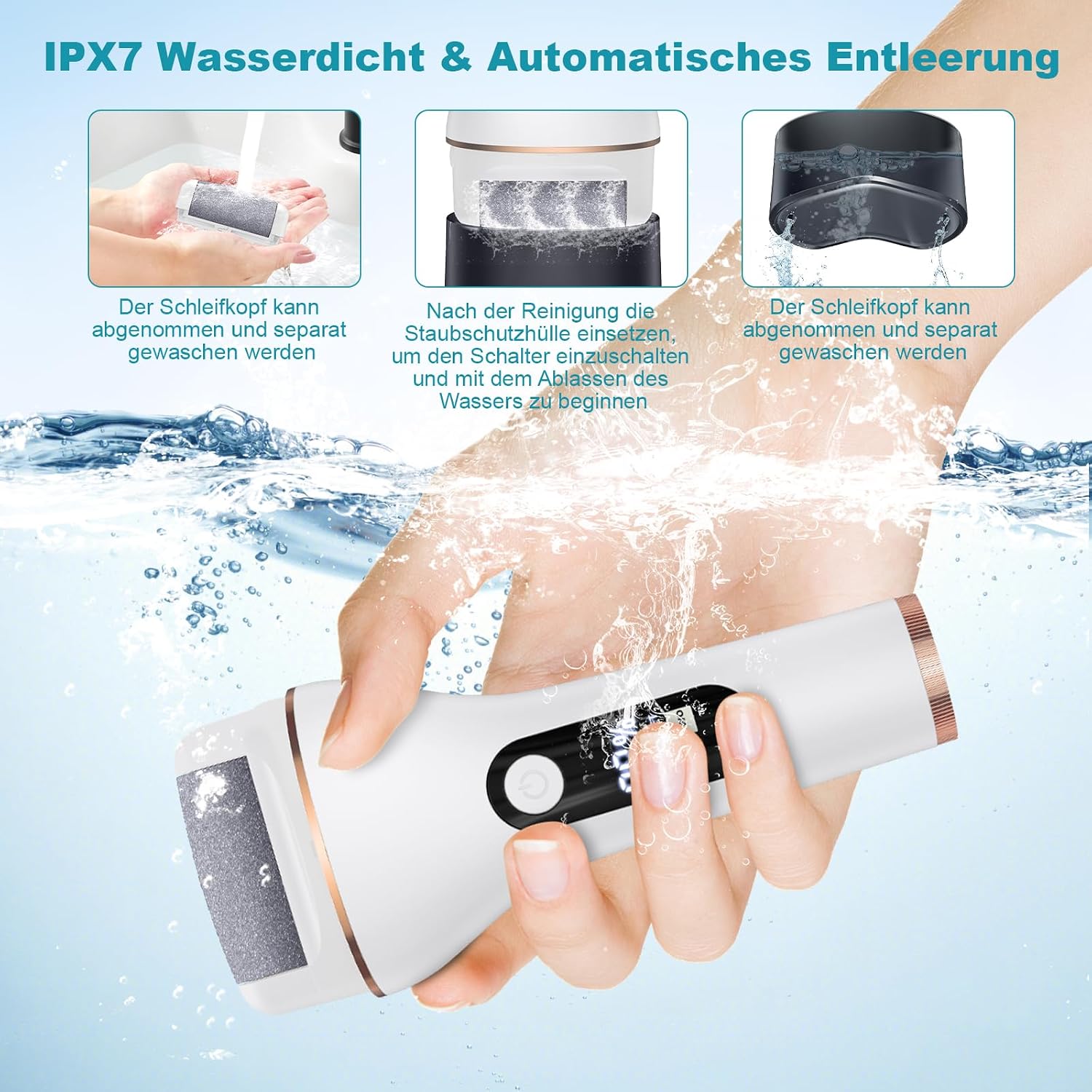 Detalle de Hornhautentferner Elektrisch – IPX7 Fußraspel mit 2 Geschwindigkeiten, USB-Aufladung und 19-in-1 Zubehör