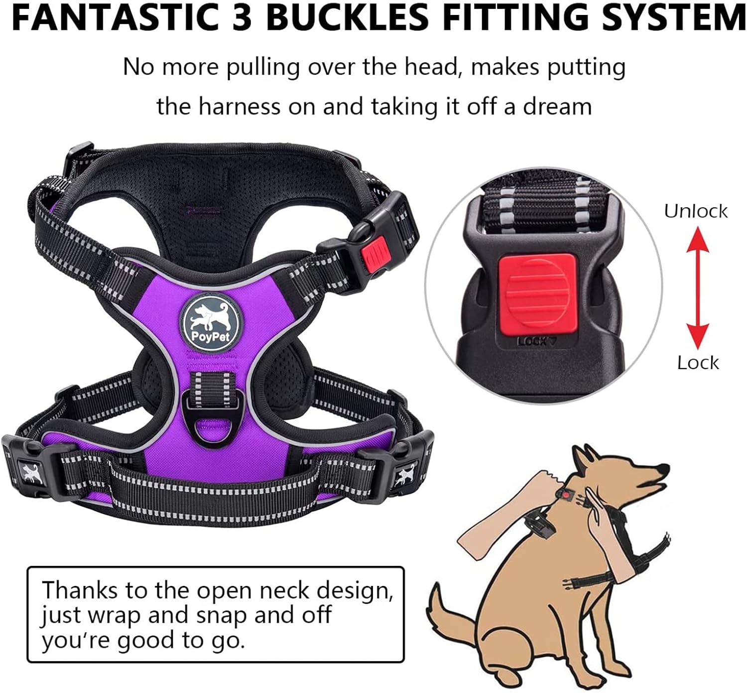 Thumbnail 3 de PoyPet No Pull Dog Harness with Neck Release Buckle for Medium Dogs Purple