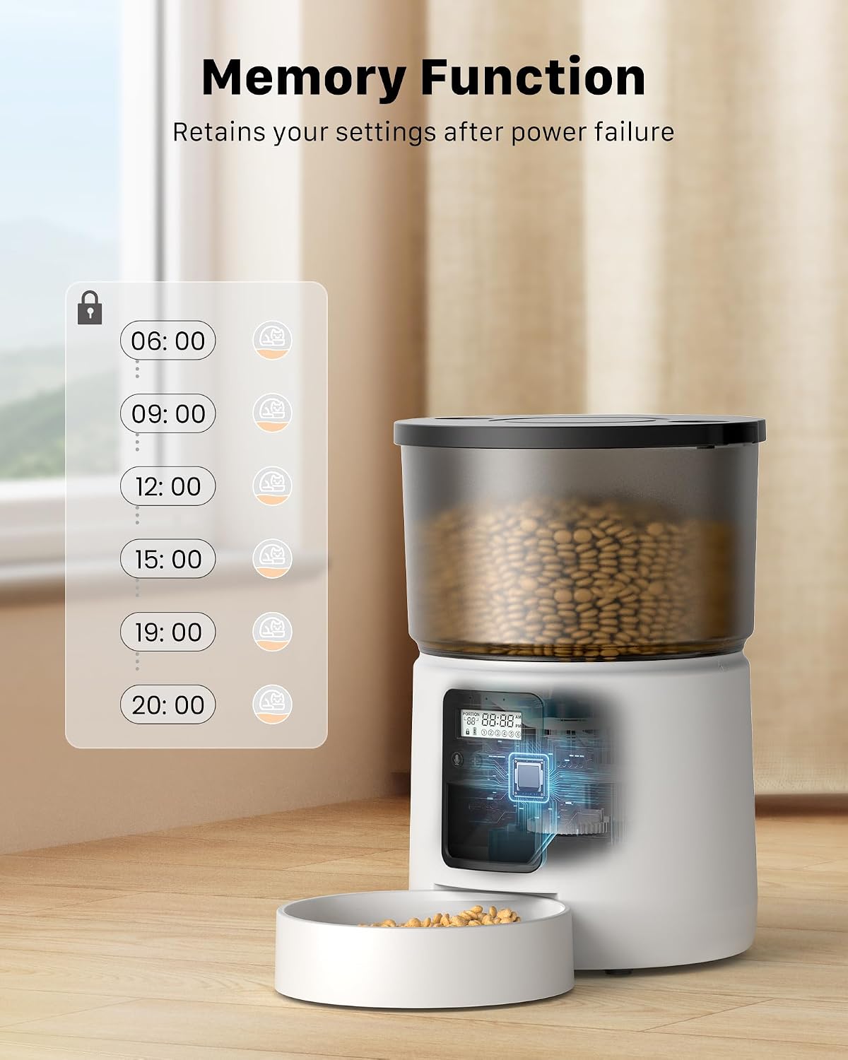 Detalle de BEMOONY Automatic Cat Feeder (3L) with 1–6 meal schedule, 10s voice and dual power