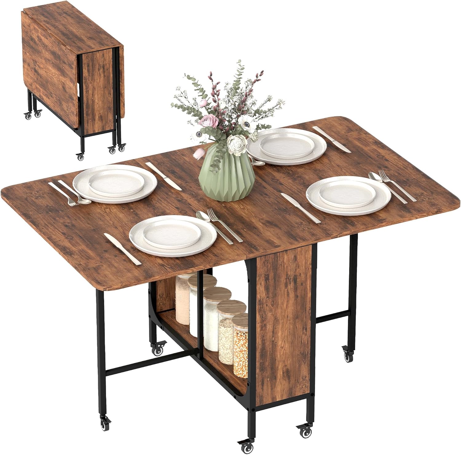 HOMCOM table à manger pliante sur roulettes jusqu’à 6 personnes (130 x 80 x 74 cm), avec 2 abattants et étagère intégrée