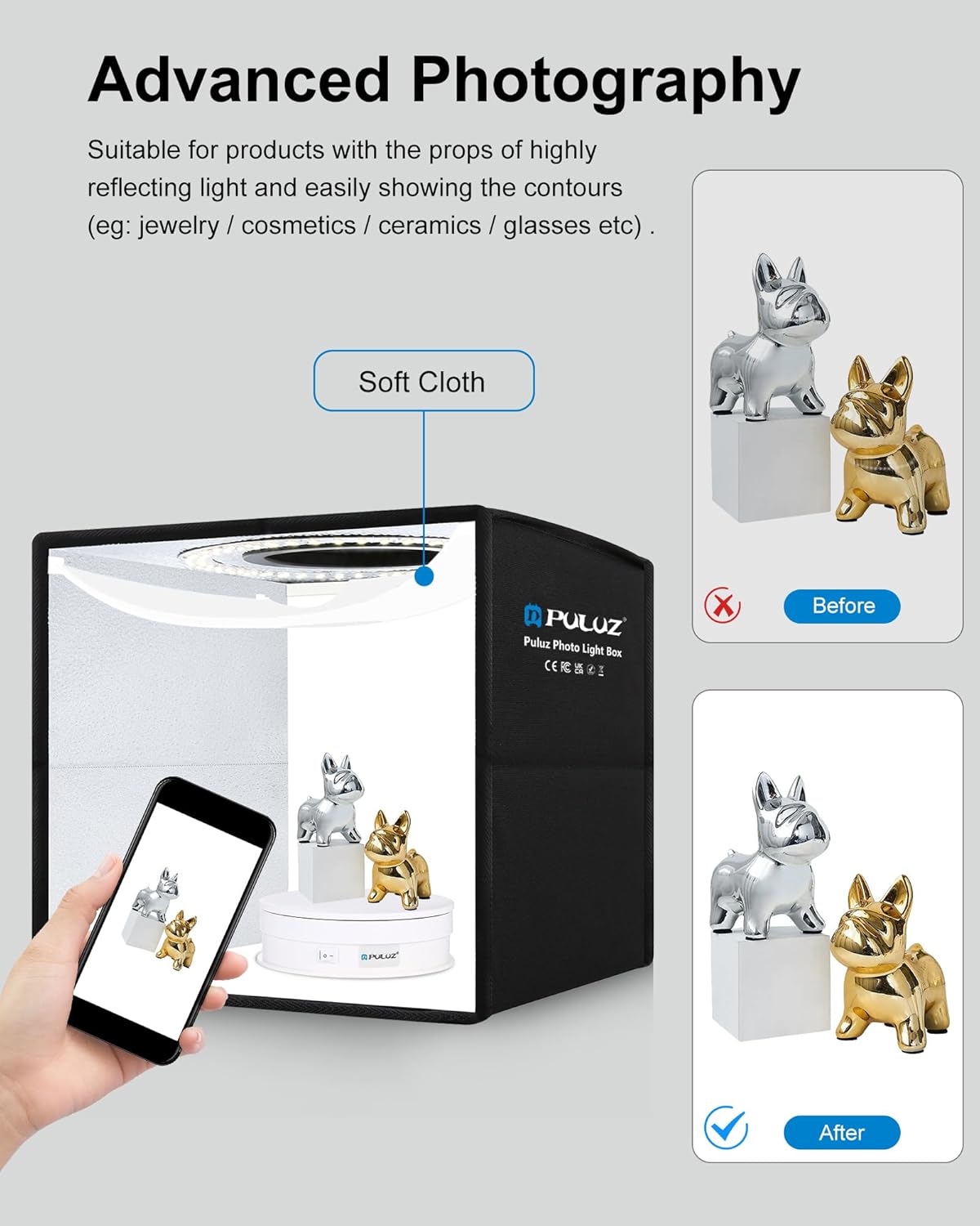 Thumbnail 5 de PULUZ Mini Photo Studio Light Box: Portable 104-LED Shooting Tent with 6 Double-Sided Backgrounds