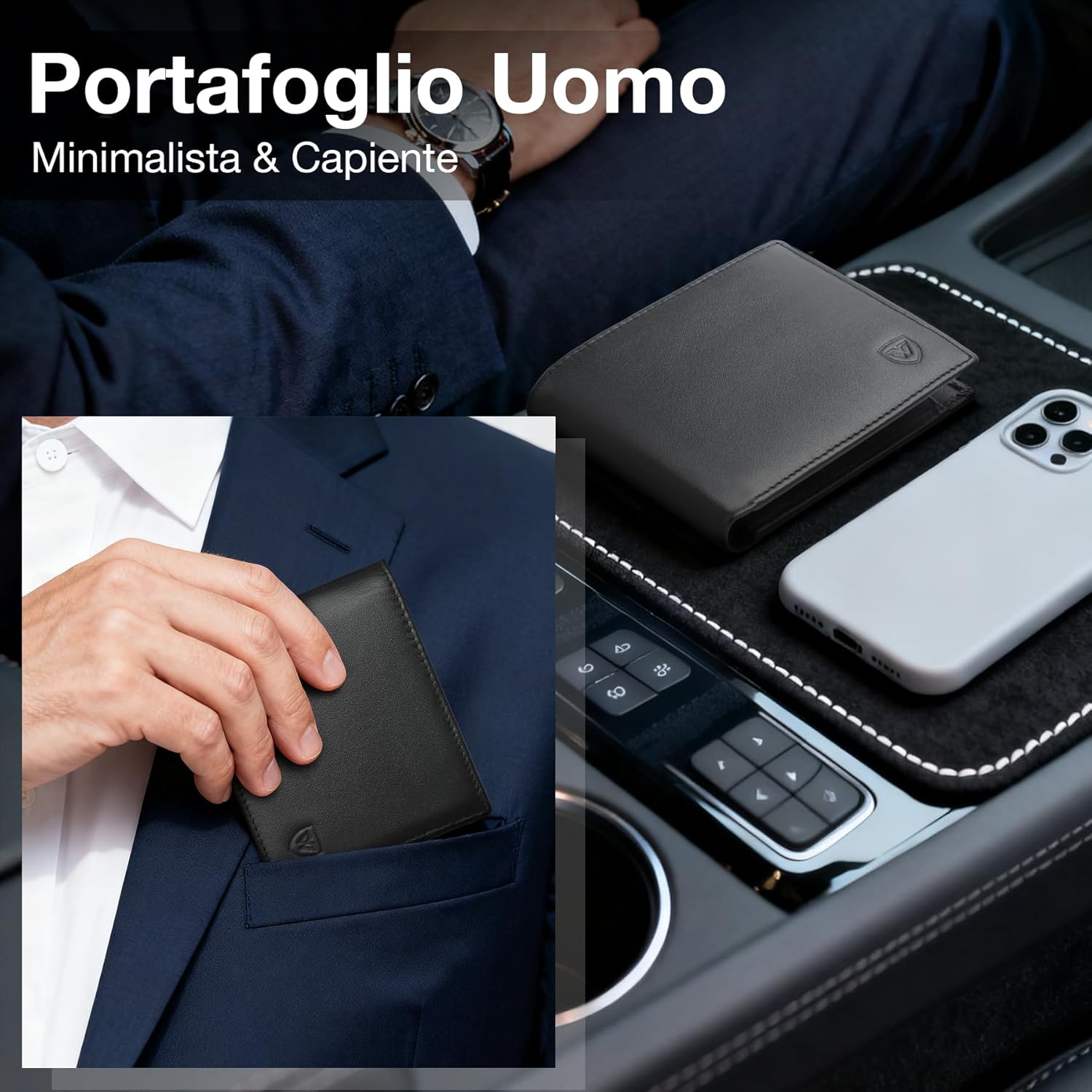 Detalle 2 de WONSEFOO Portafoglio Uomo in Vera Pelle con Blocco RFID, Mini Porterà 9 Carte, Finestra ID e Portamonete