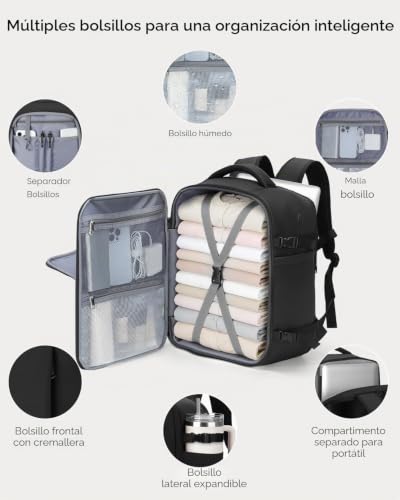 Detalle de Lekespring Mochila 40x30x20 (24L) con compartimento húmedo y 6 bolsas organizadoras — Negro