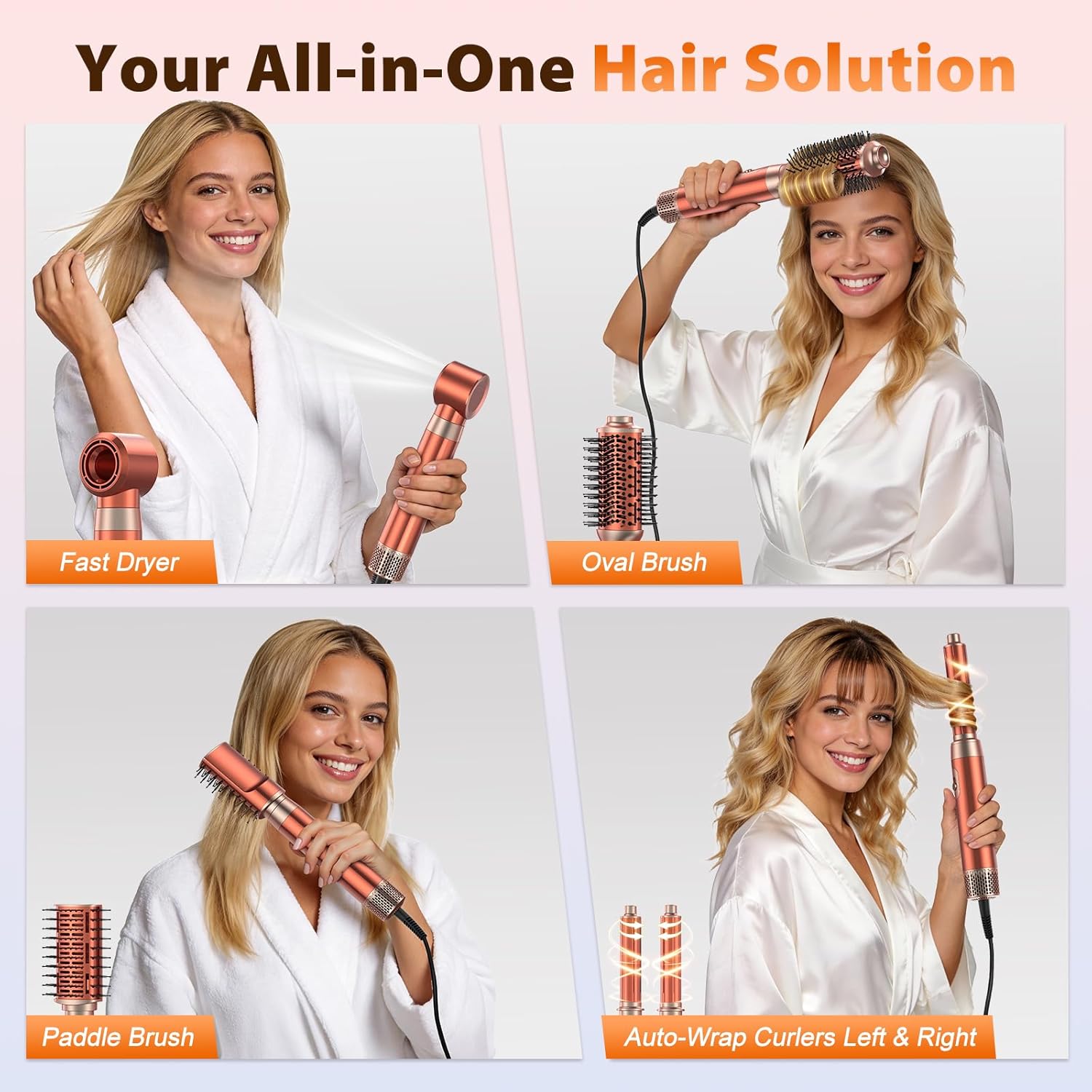 Detalle de 5 in 1 Blow Dryer Brush Set with 32mm Auto-Wrap Curler, Paddle Brush, and Detachable Hot Air Tool – Amber