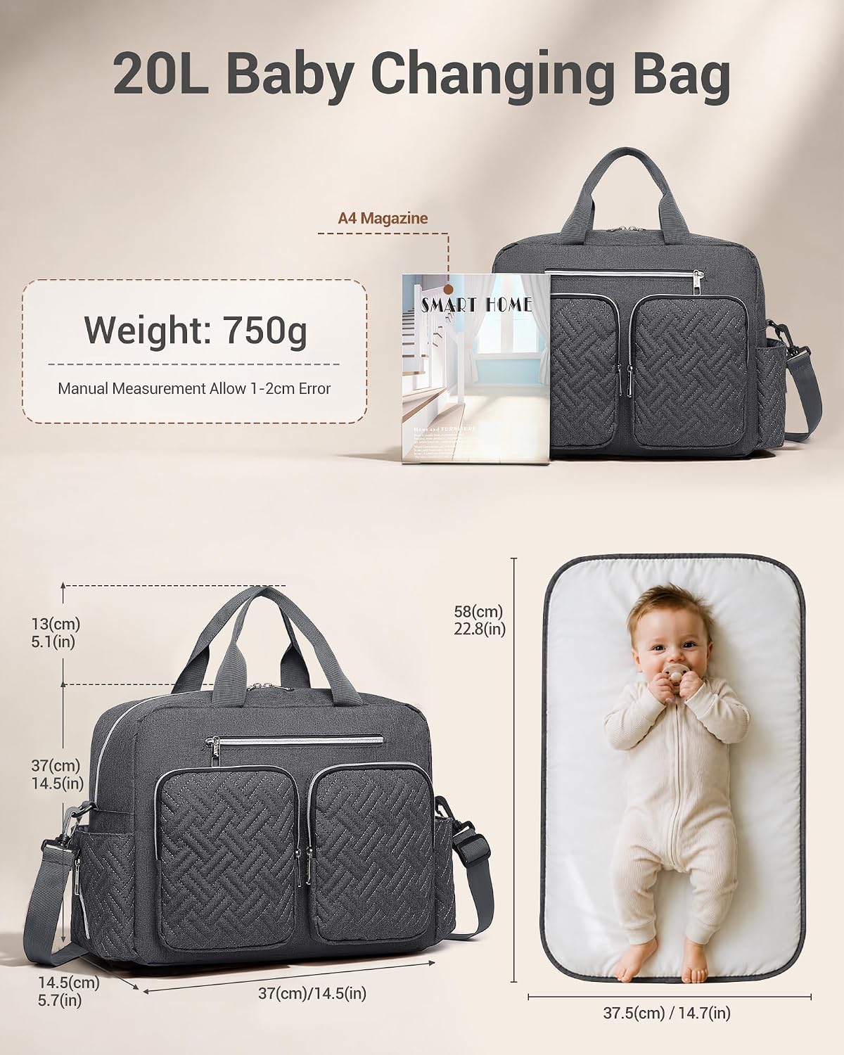 Thumbnail 5 de Kono Baby Changing Bag: Multifunction Nappy Bag with Portable Changing Mat