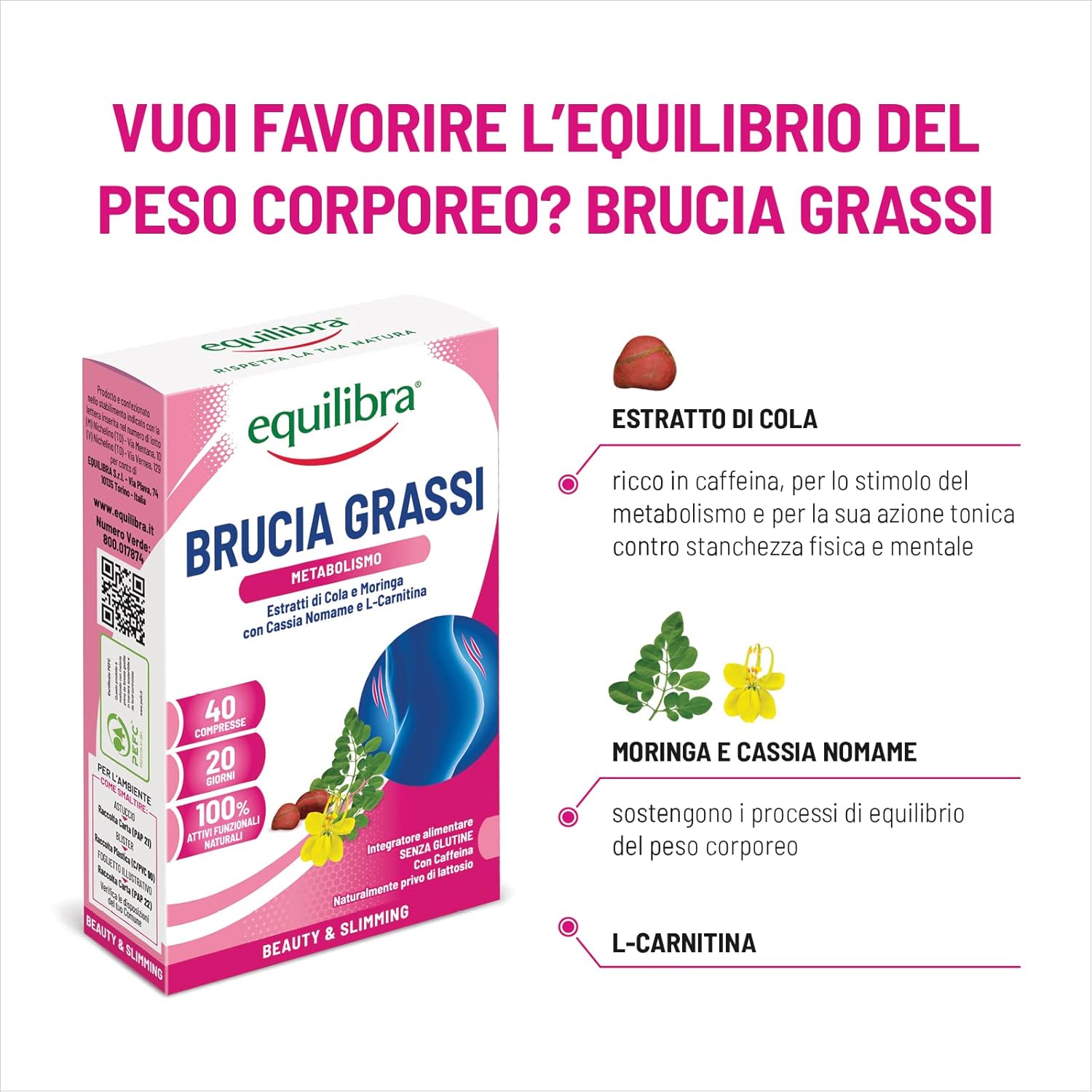 Detalle 2 de Equilibra Integratori Alimentari Perdita di Peso – 3×40 Compresse, supporto metabolico con Moringa, Cassia Nomame e Cola