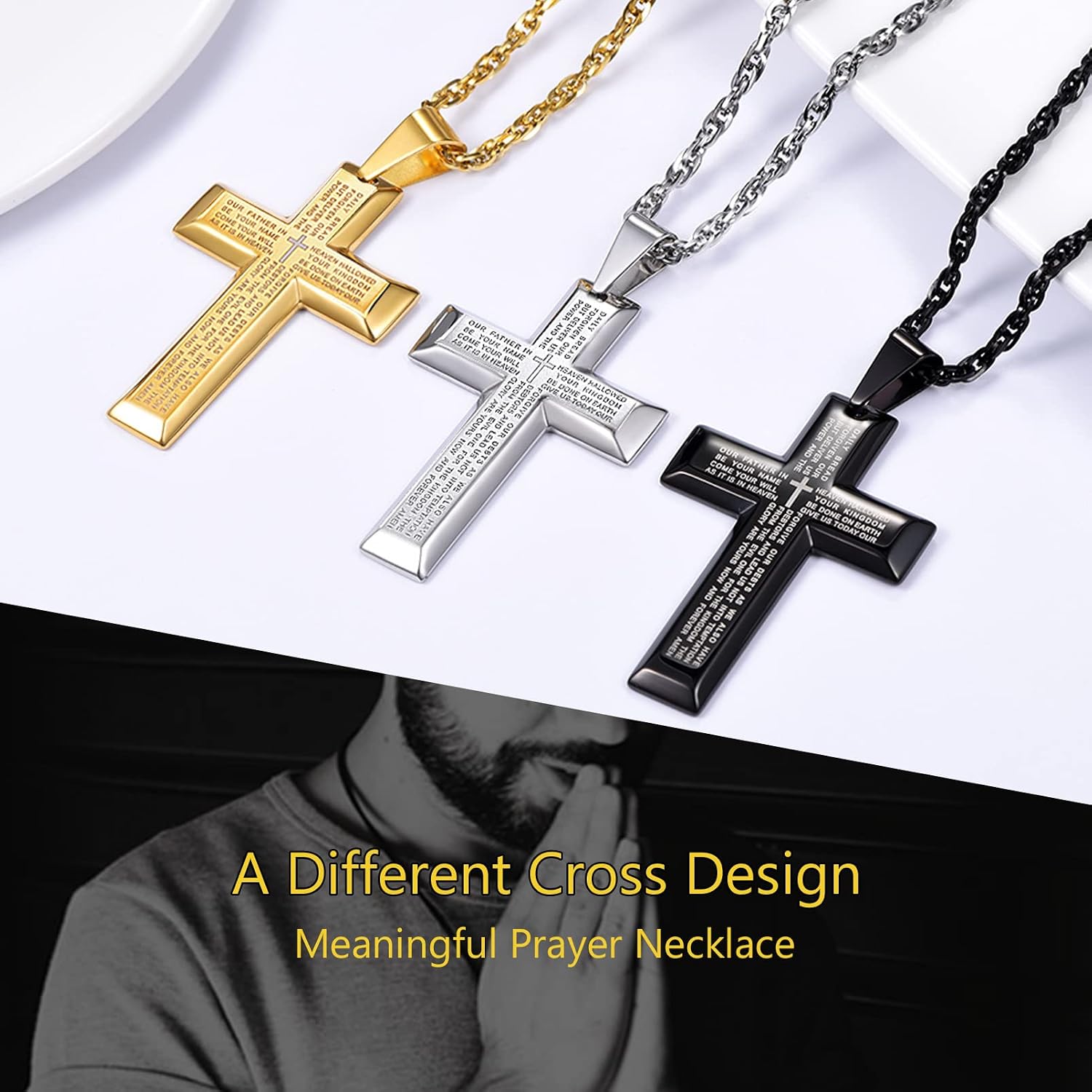 Thumbnail 6 de PROSTEEL collana da uomo con crocifisso grande, verso Bibbia e catenina regolabile