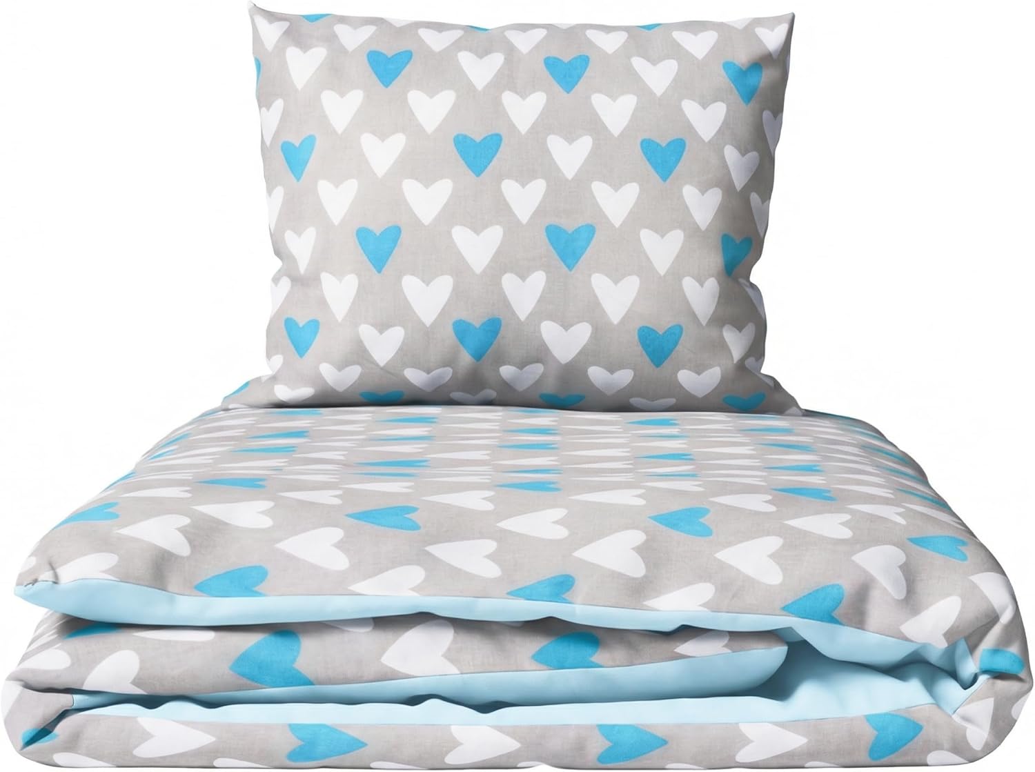 Detalle de Baby Comfort 2-Piece Toddler Duvet & Pillow Set – 120x90 cm, 100% Cotton, Breathable, Machine Washable (Blue Hearts)