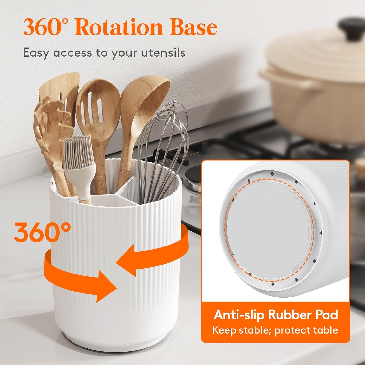 Detalle de Lifewit 24387 Rotating Kitchen Utensil Holder, 3 Compartments, White