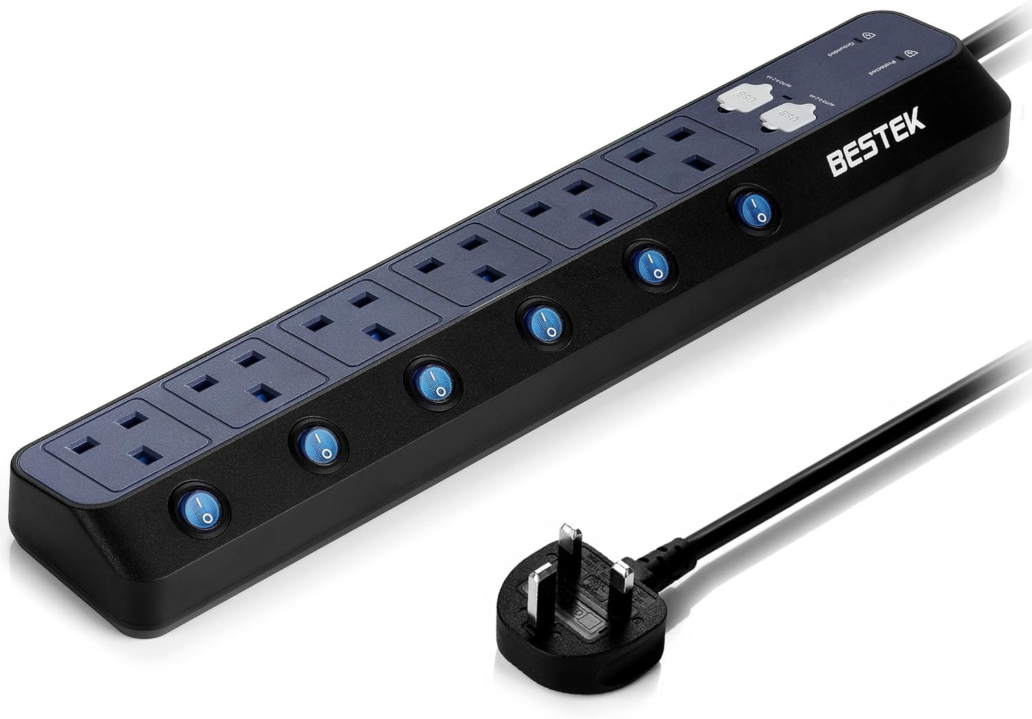 Thumbnail 1 de BESTEK 6-Way Individually Switched Extension Lead with 900J Surge Protection and 4-Port USB (5V/2.4A each) – 1.8m